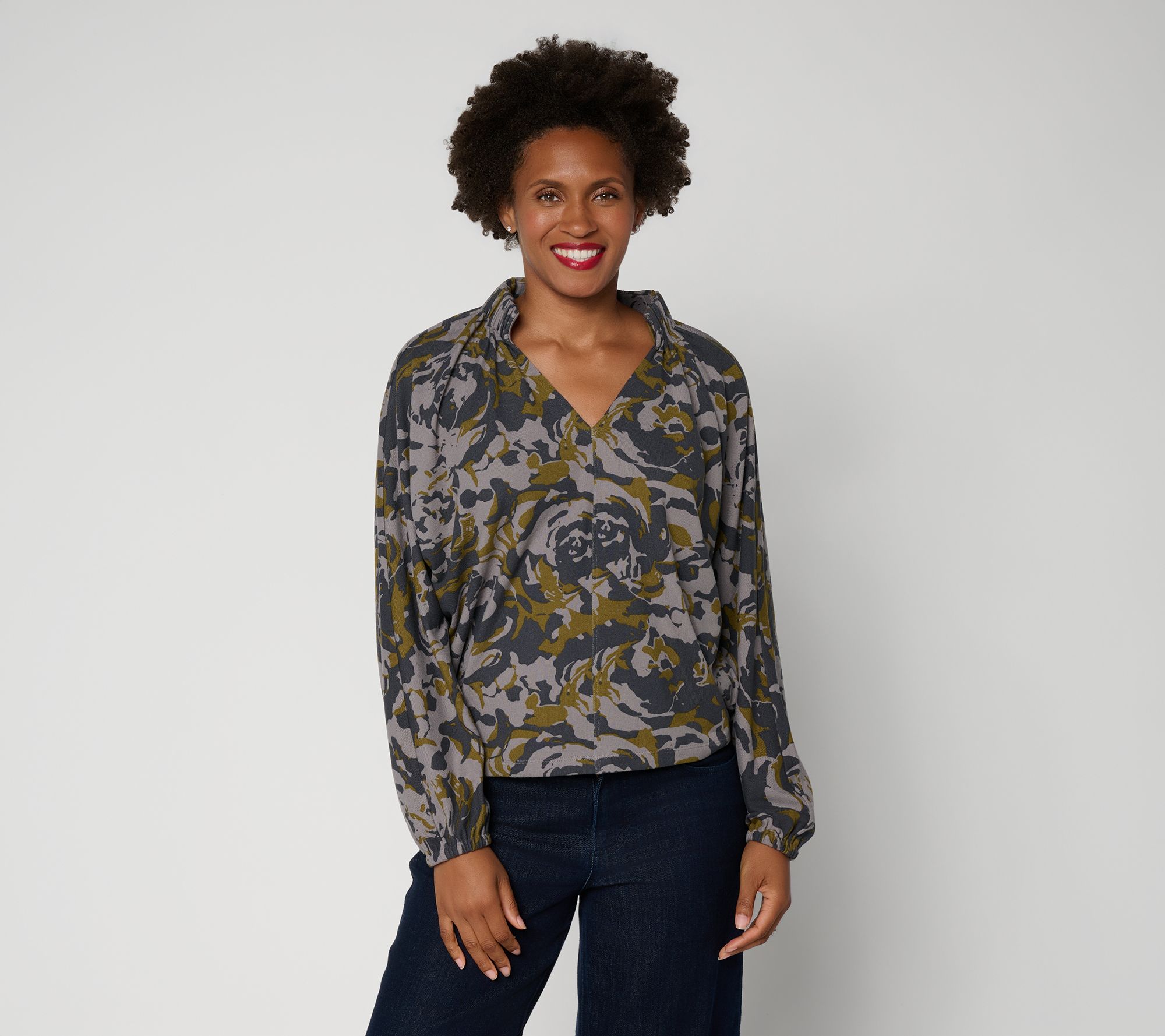 Carla Rockmore Collection 100% Cotton Ruched V -Neck Knit Top