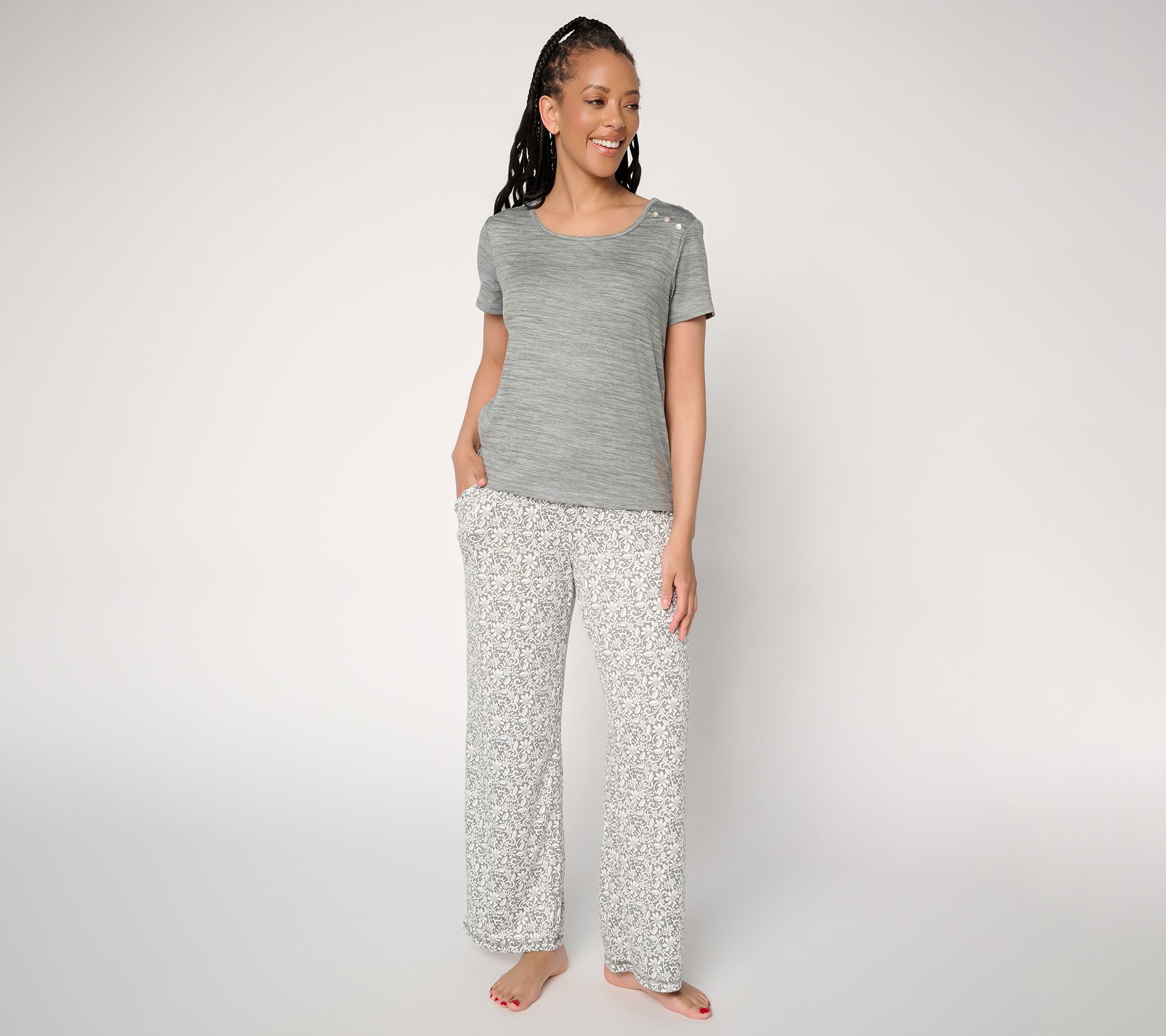 "As Is" MUK LUKS Short Sleeve Button Tee with Pant Pajama Set
