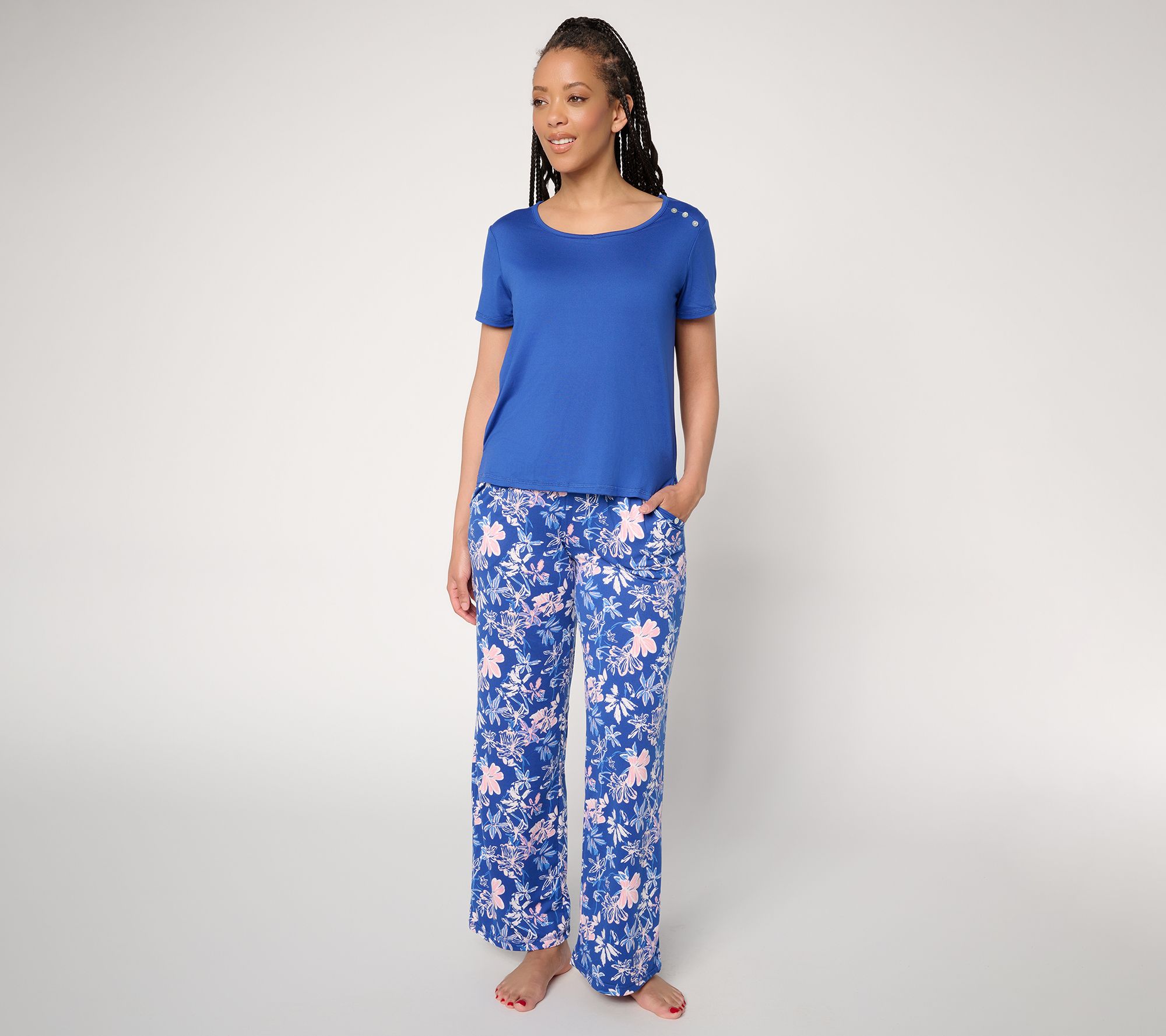 "As Is" MUK LUKS Short Sleeve Button Tee with Pant Pajama Set