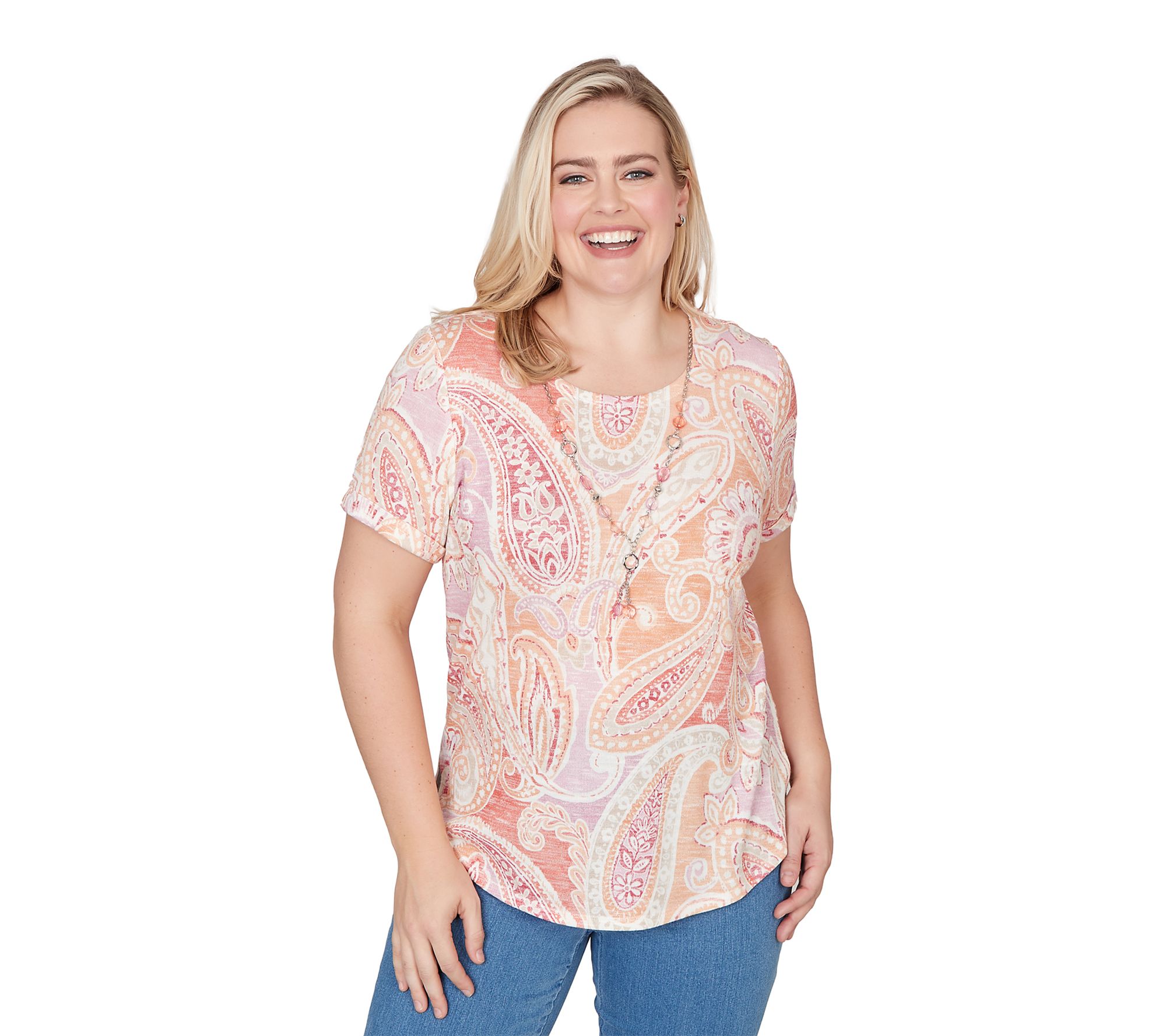 Alfred Dunner Women's Paisley Short Sleeve Teewith Necklace