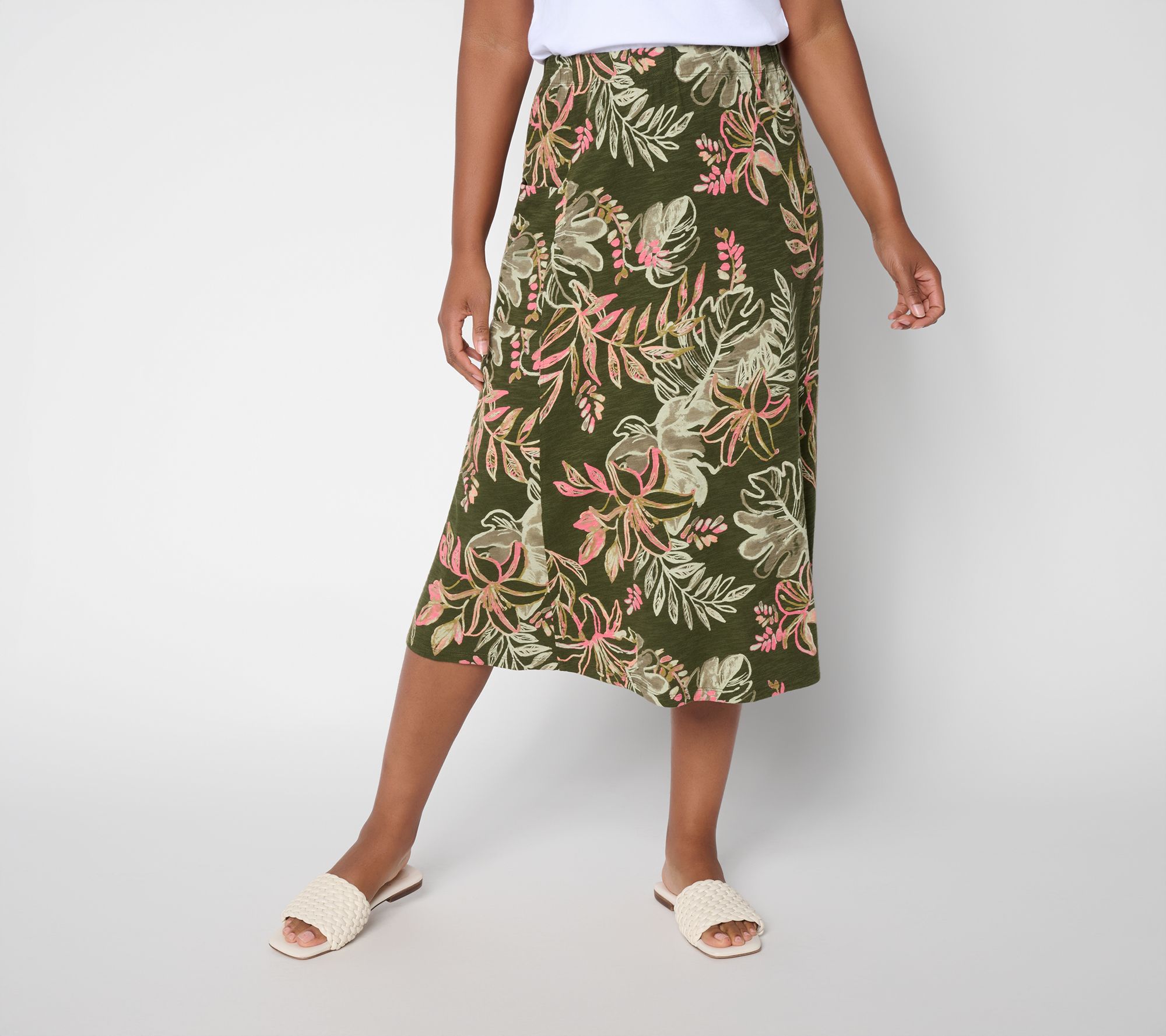 "As Is" Denim & Co. Petite Cotton Slub Pull-On Midi Skirt