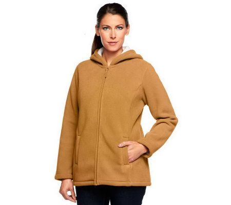 Denim & Co. Zip Front Fleece Jacket with Hood and Sherpa Lining - QVC.com