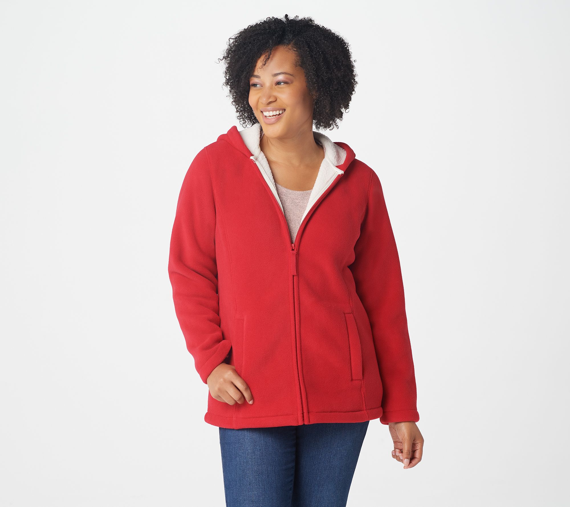Denim & Co. Zip Front Fleece Jacket with Hood and Sherpa