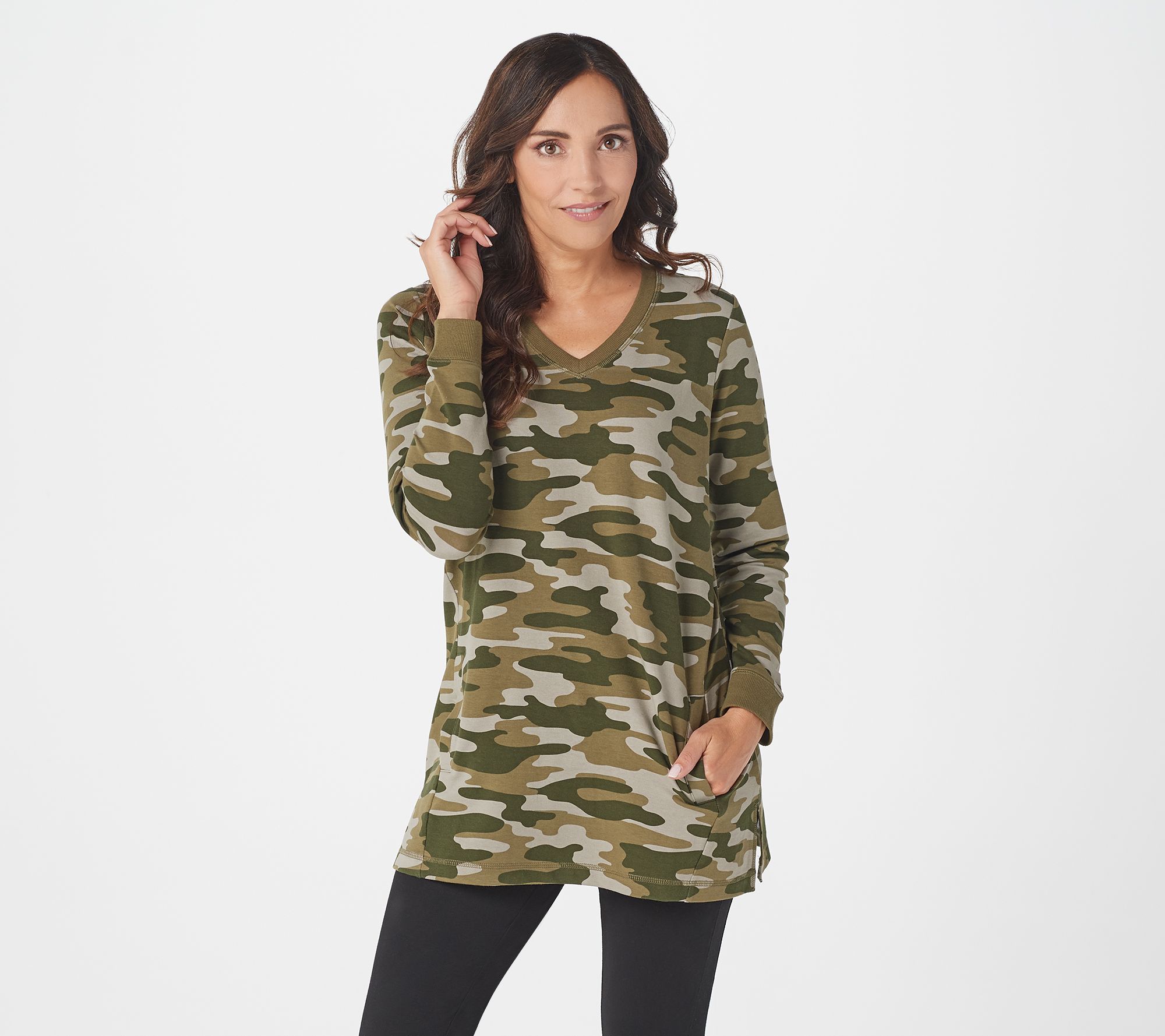 Denim & Co. Active Camo Printed French Terry Tunic Pockets - QVC.com