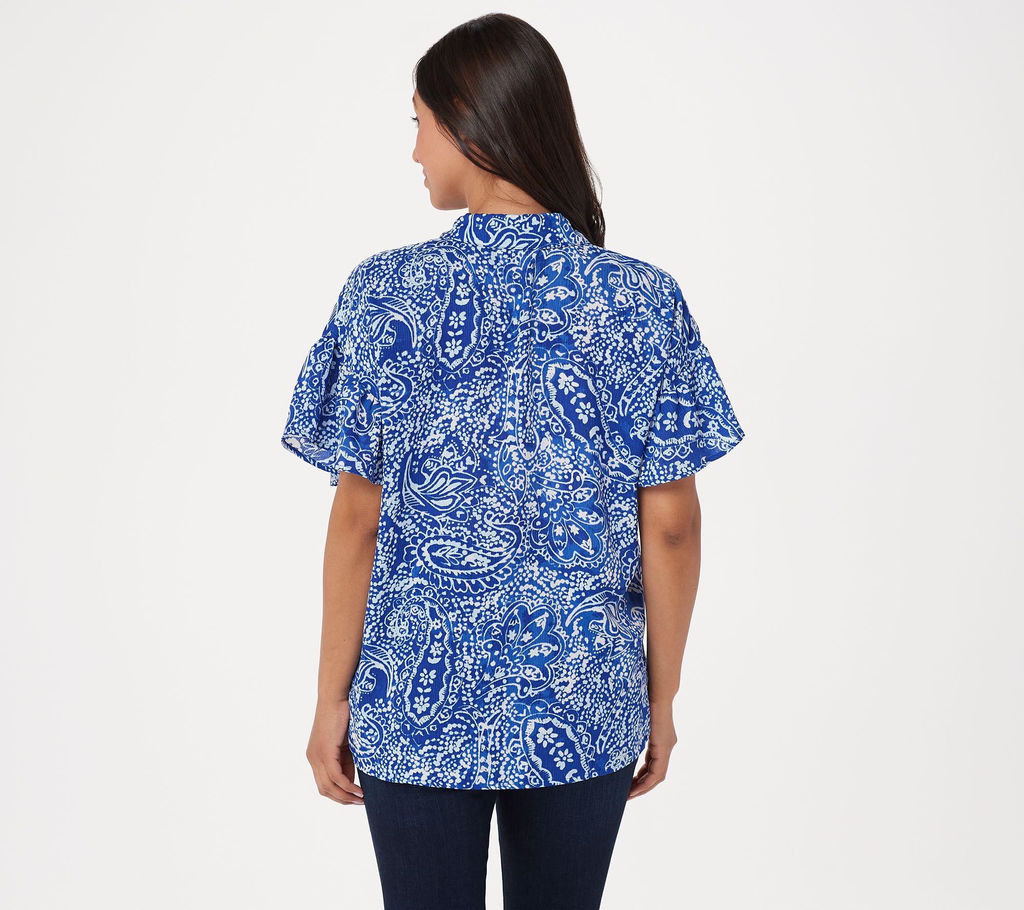 Susan Graver Printed Woven Button Front Big Shirt with Flounce Sleeve ...