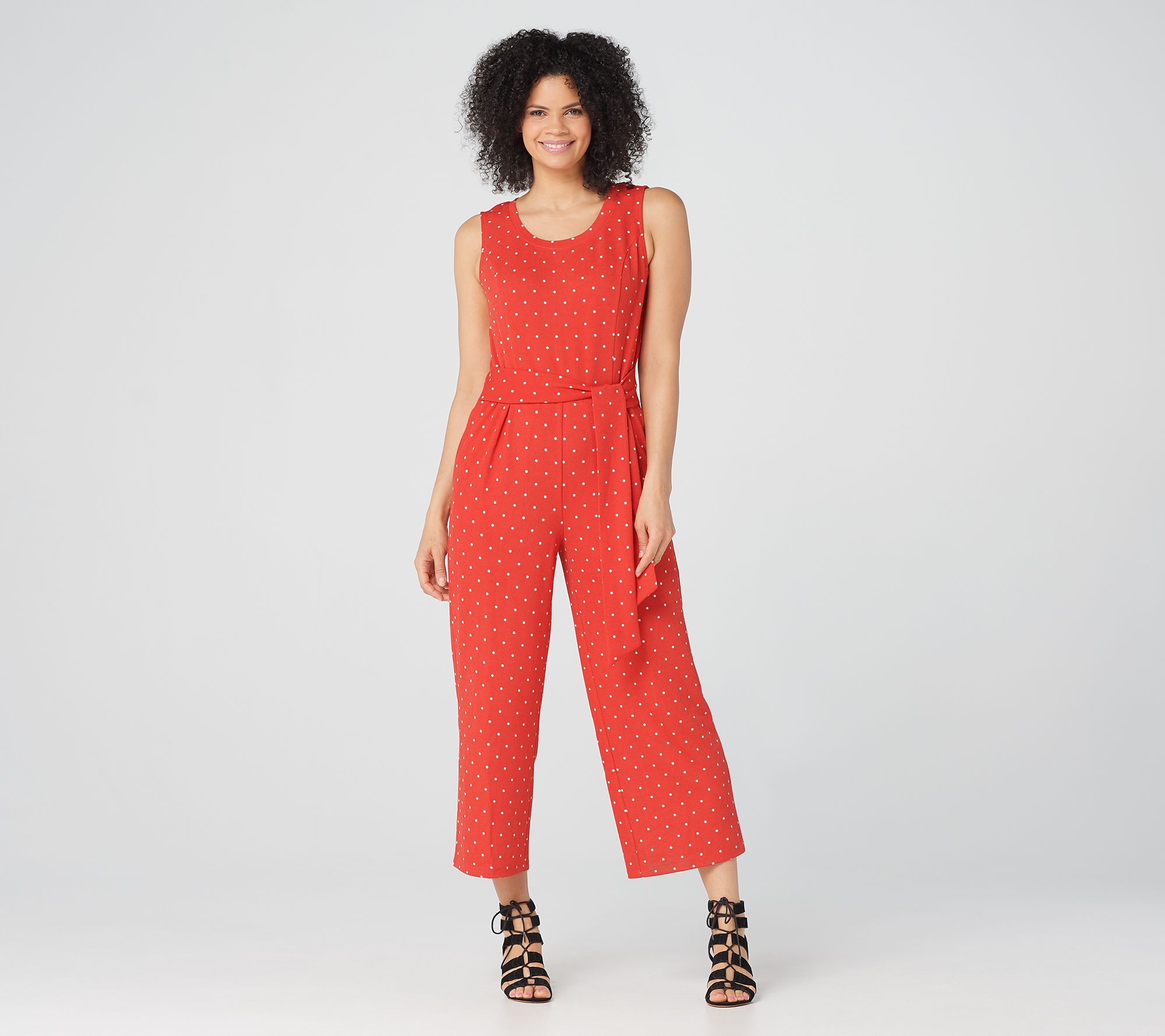 Isaac Mizrahi Live! Petite Tie-Waist Polka Dot Pebble Knit Jumpsuit