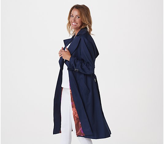 Isaac Mizrahi Live! Belted Trench Coat with Floral Printed Lining