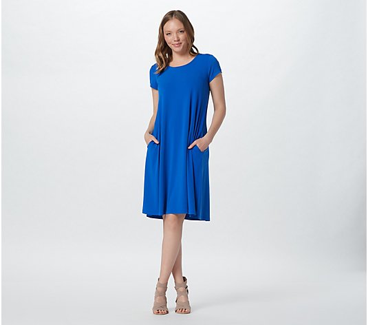 Susan Graver Print or Solid Liquid Knit Cap Sleeve Dress w/Pockets
