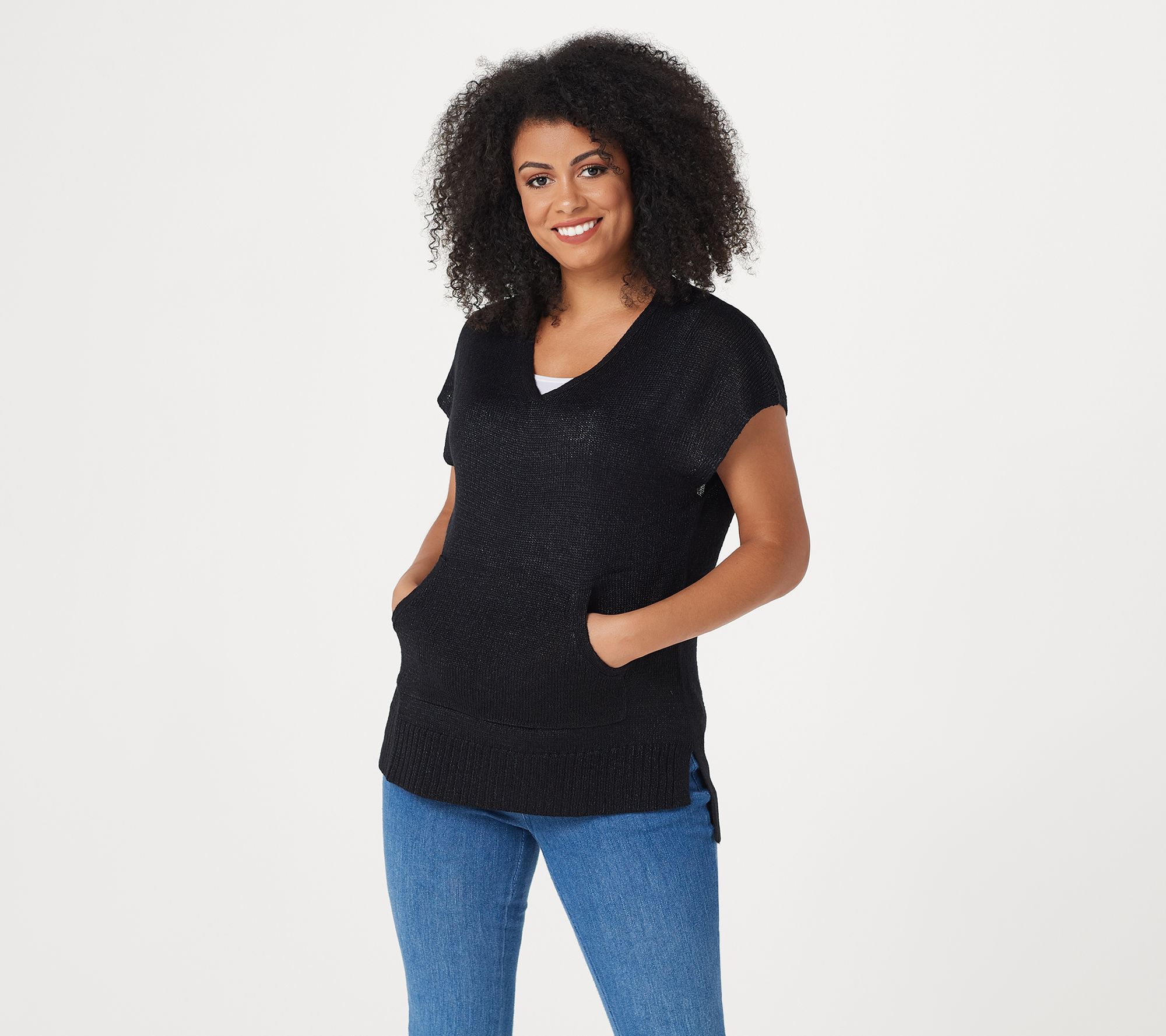 "As Is" Belle by Kim Gravel V-Neck Shimmer Sweater with Pouch Pocket