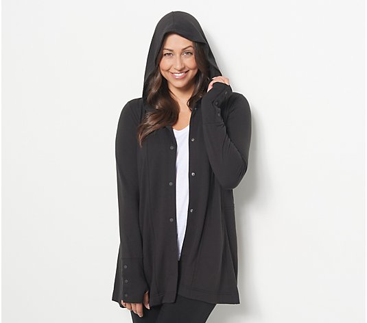 Susan Graver SG Sport French Terry Snap- Front Hooded Duster Cardigan