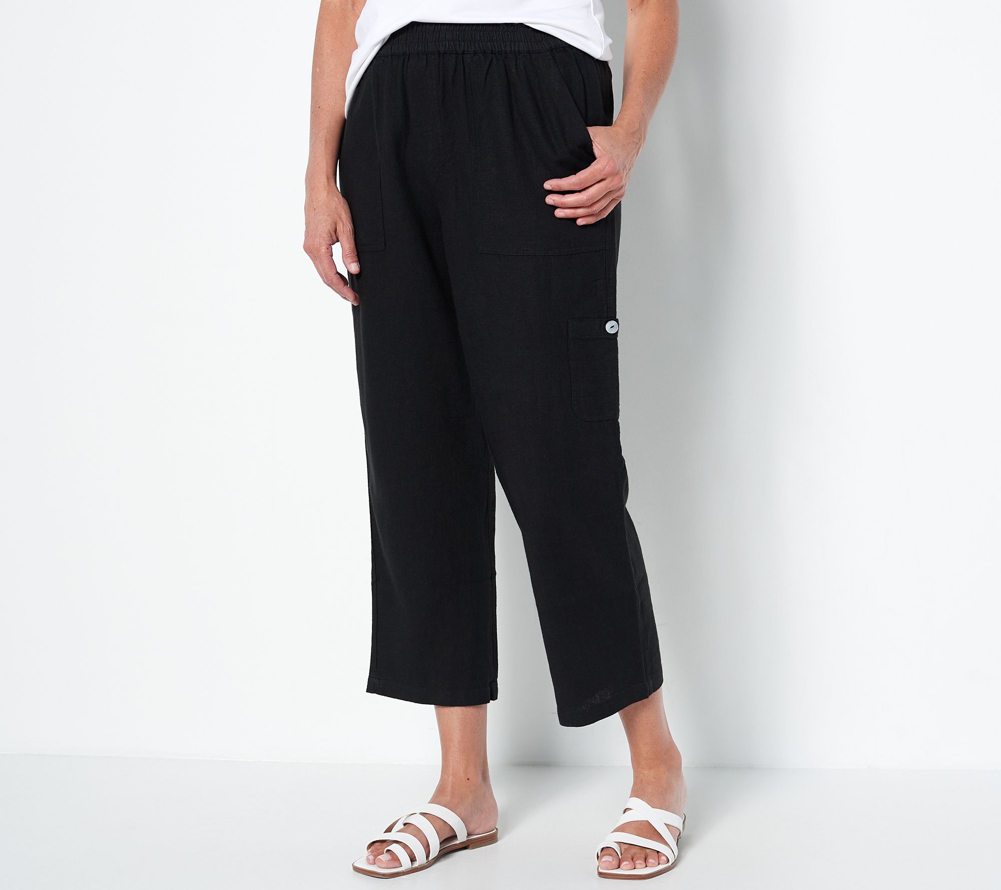 Susan Graver Petite Pure Easy Linen Utility Crop Pant