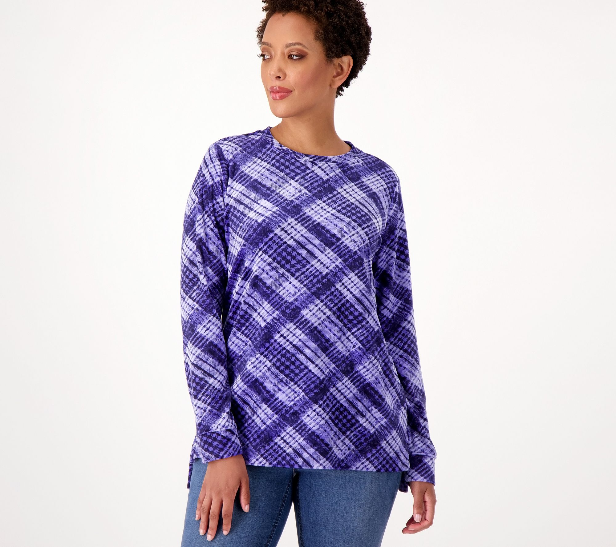 Denim & Co. Petite Printed Velour Pullover with Hi-Low Hem