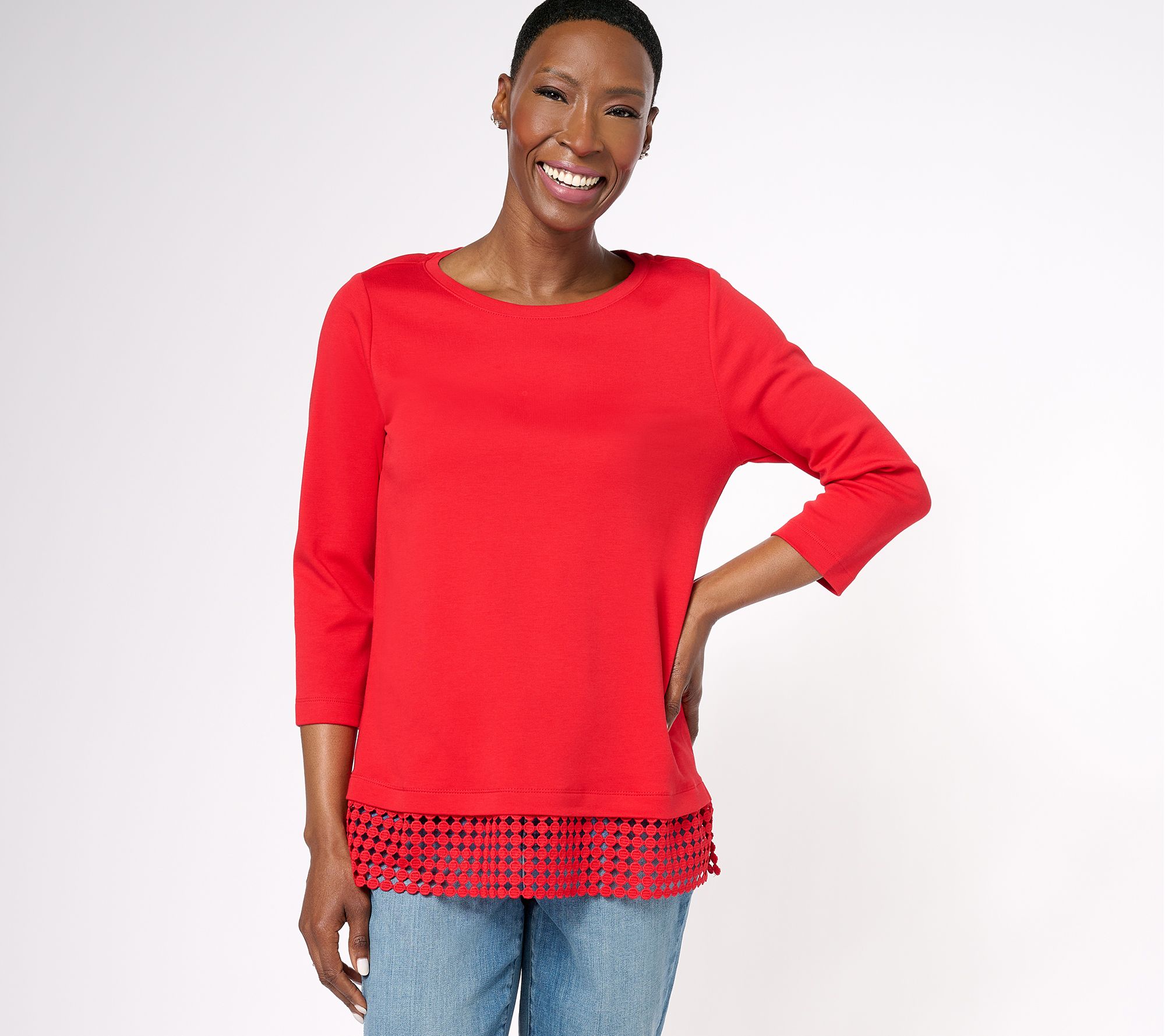 "As Is" Isaac Mizrahi Live! 3/4 Sleeve Top with Geo Lace Hem