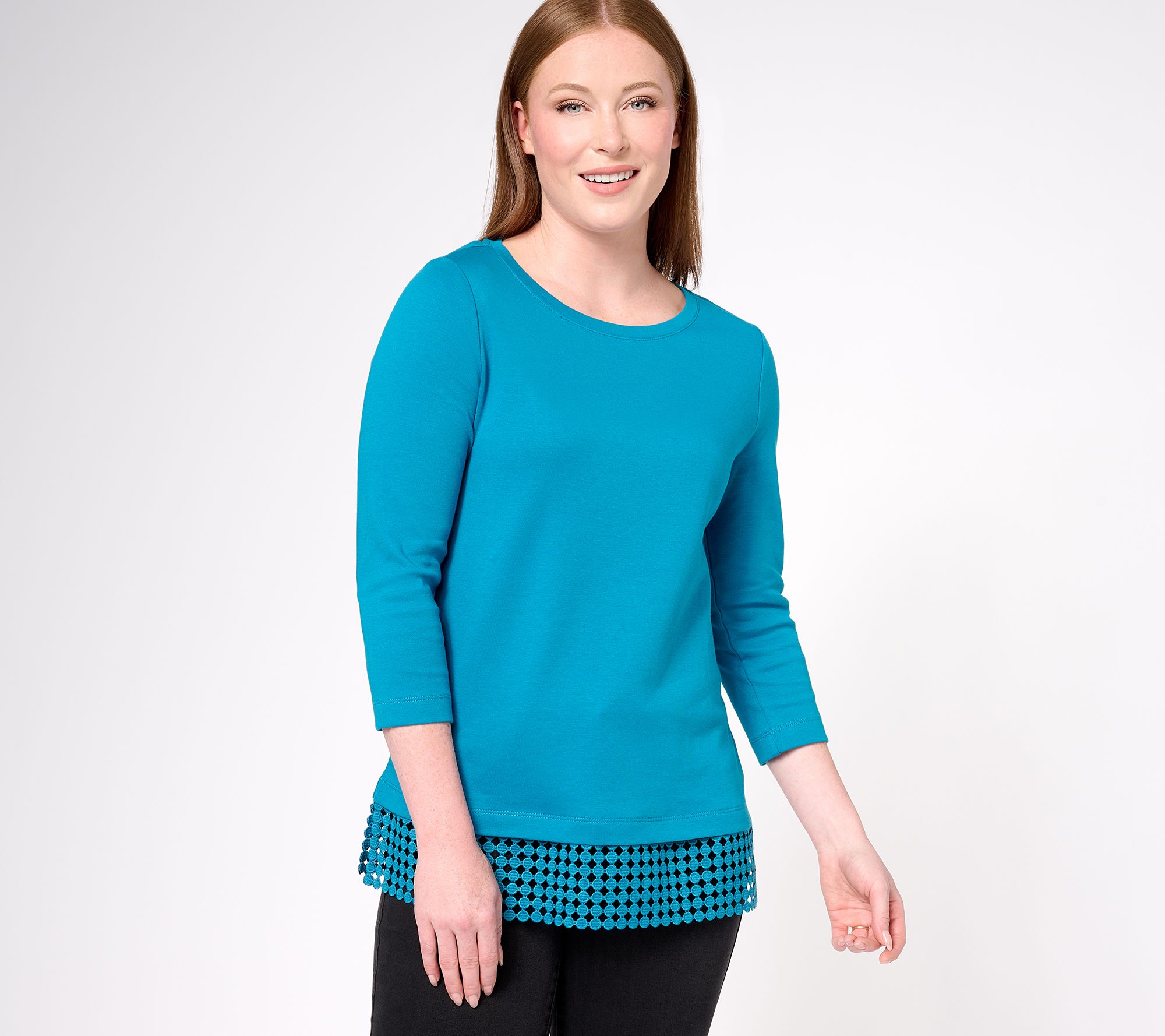 "As Is" Isaac Mizrahi Live! 3/4 Sleeve Top with Geo Lace Hem