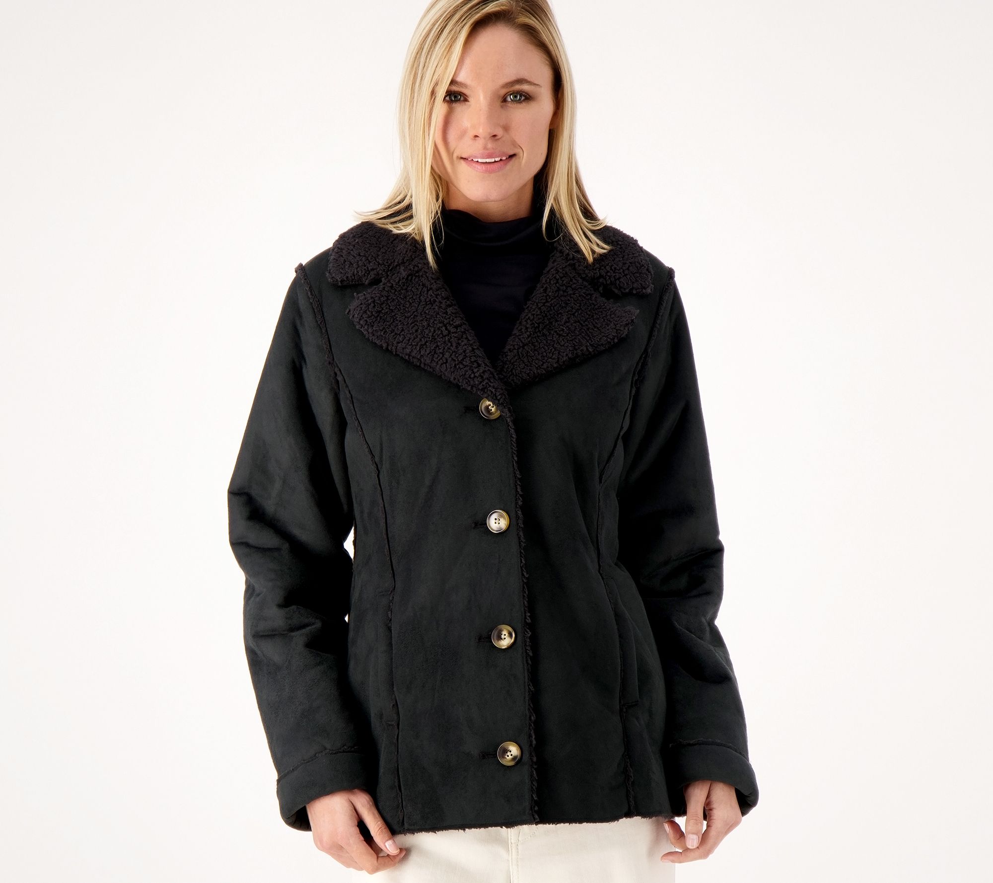 "As Is" Susan Graver Weekend Bonded Faux Suede & Sherpa Coat
