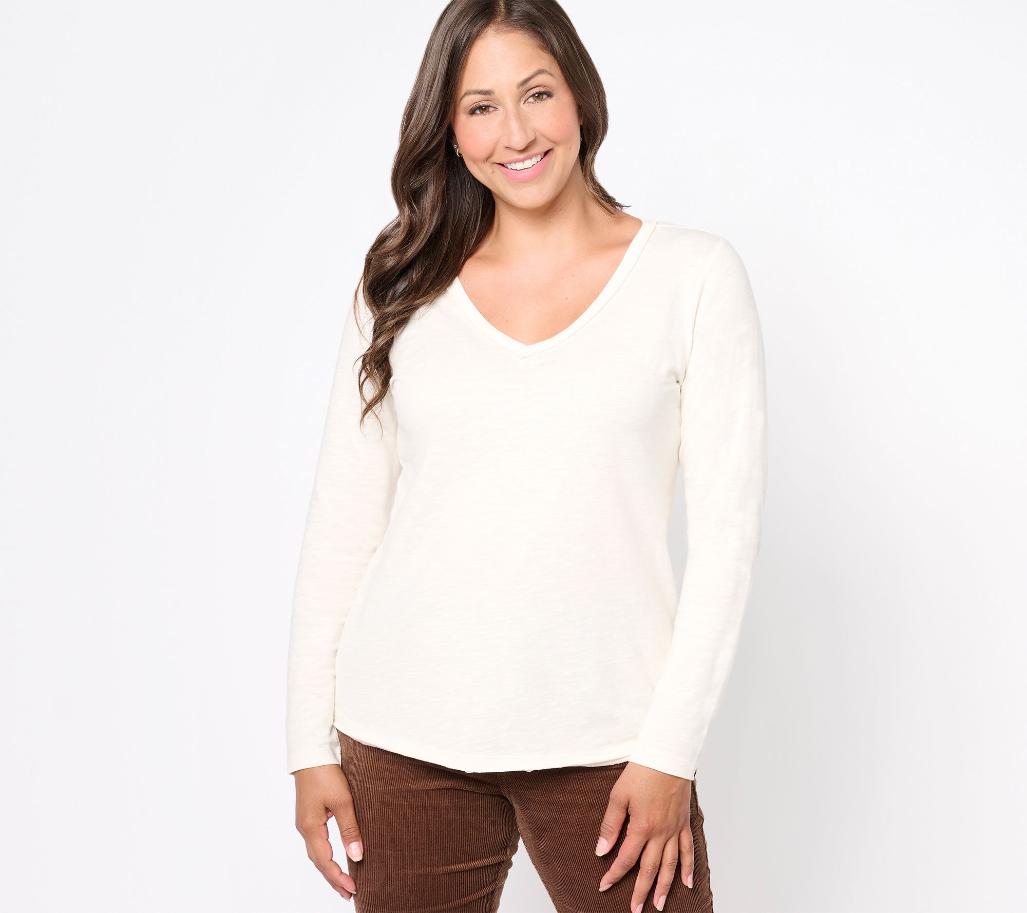 Denim & Co. Canyon Retreat Raw Edge Long Sleeve V-Neck Top