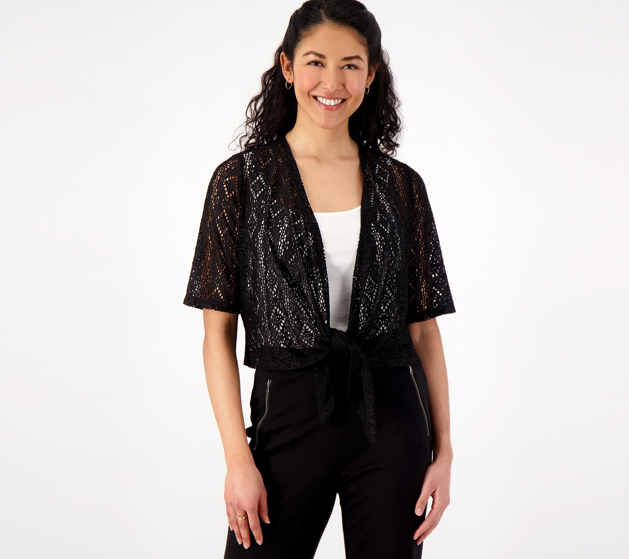 "As Is" Susan Graver Pointelle Knit Elbow-Sleeve Tie-Front Shrug