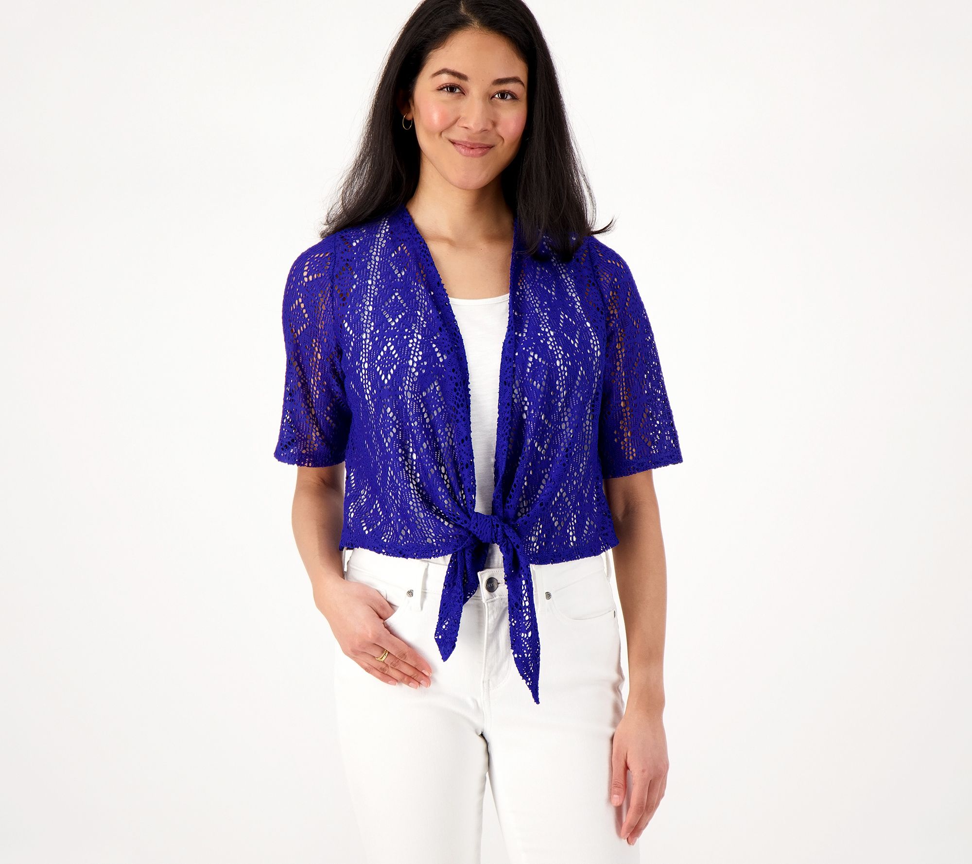 "As Is" Susan Graver Pointelle Knit Elbow-Sleeve Tie-Front Shrug