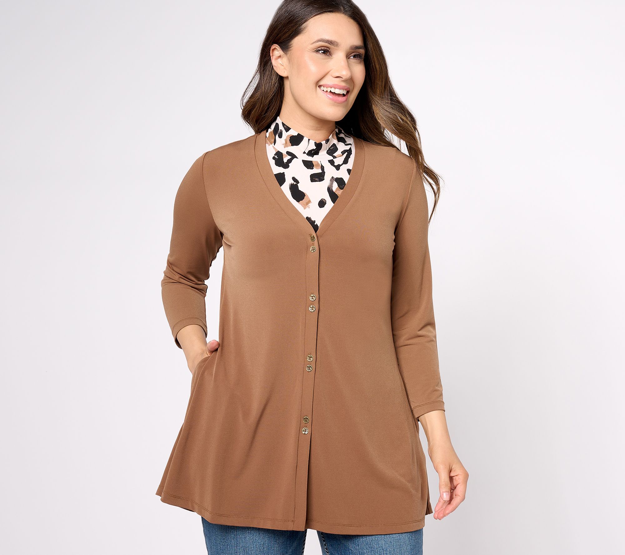 "As Is" Susan Graver Regular Solid Liquid Knit Cardigan & Print Tank Set