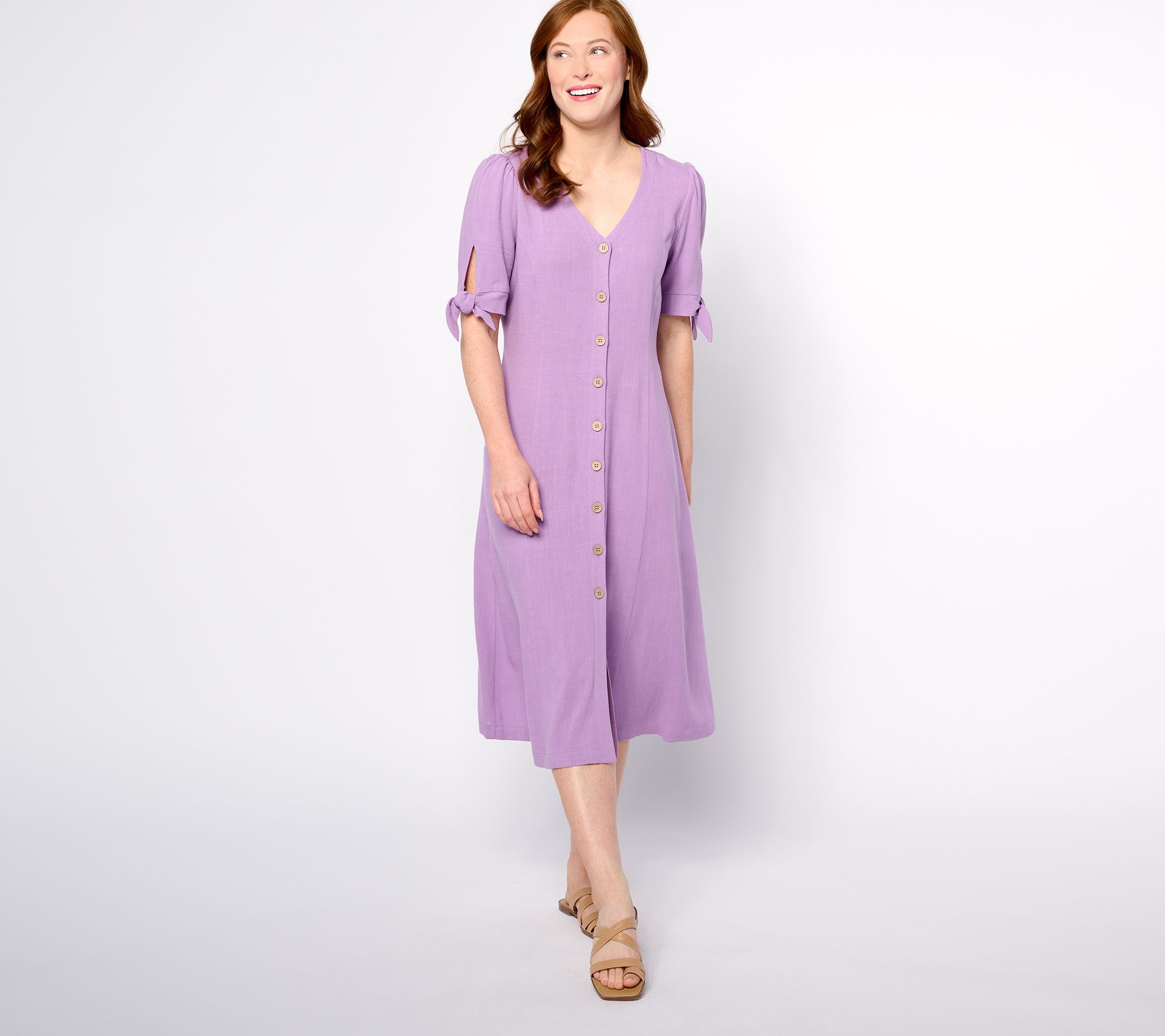 Susan Graver PURE Regular Linen Blend Tie Sleeve Midi Dress