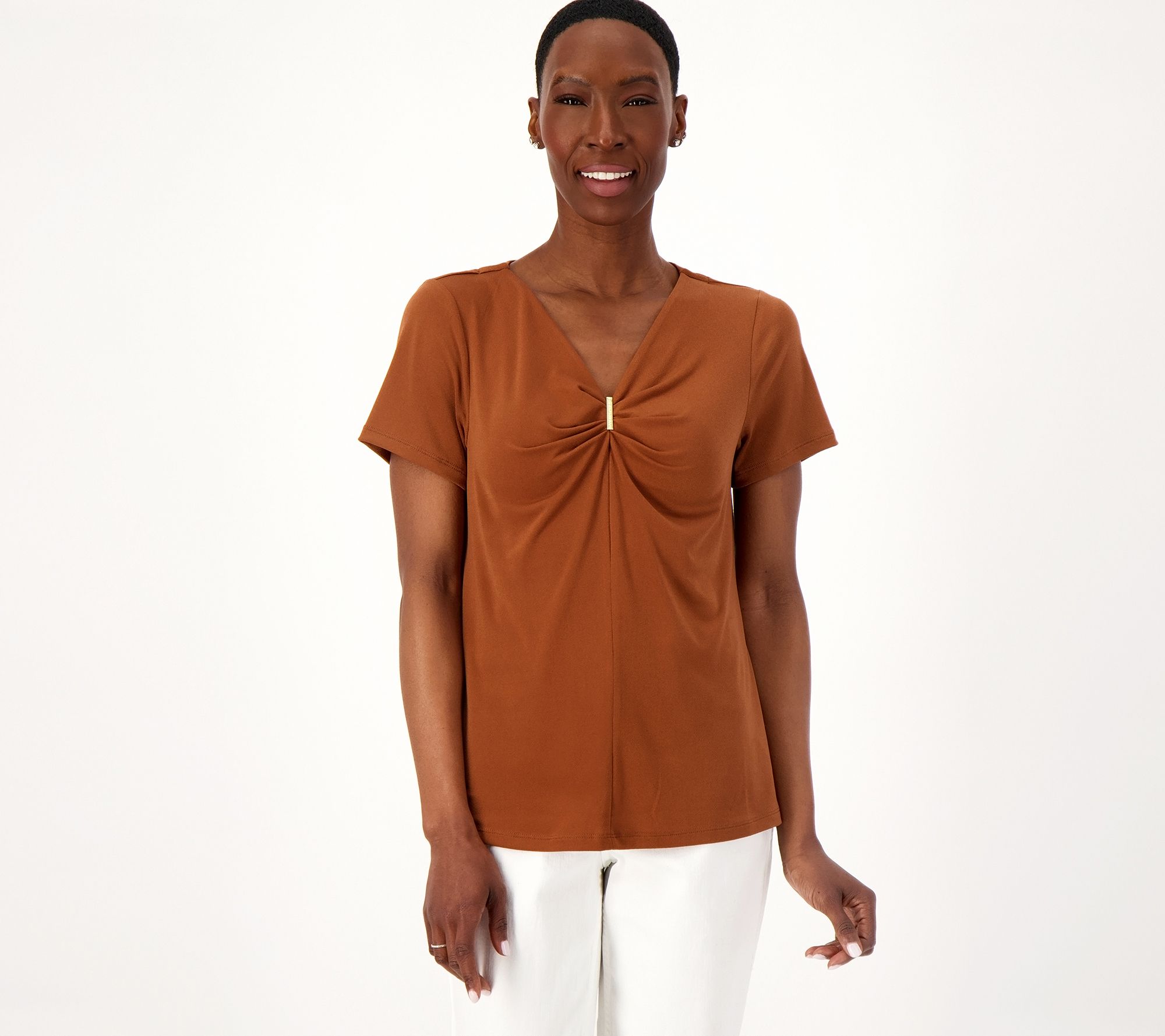 "As Is" Isaac Mizrahi Live! Short Sleeve Top with Pleated Neck