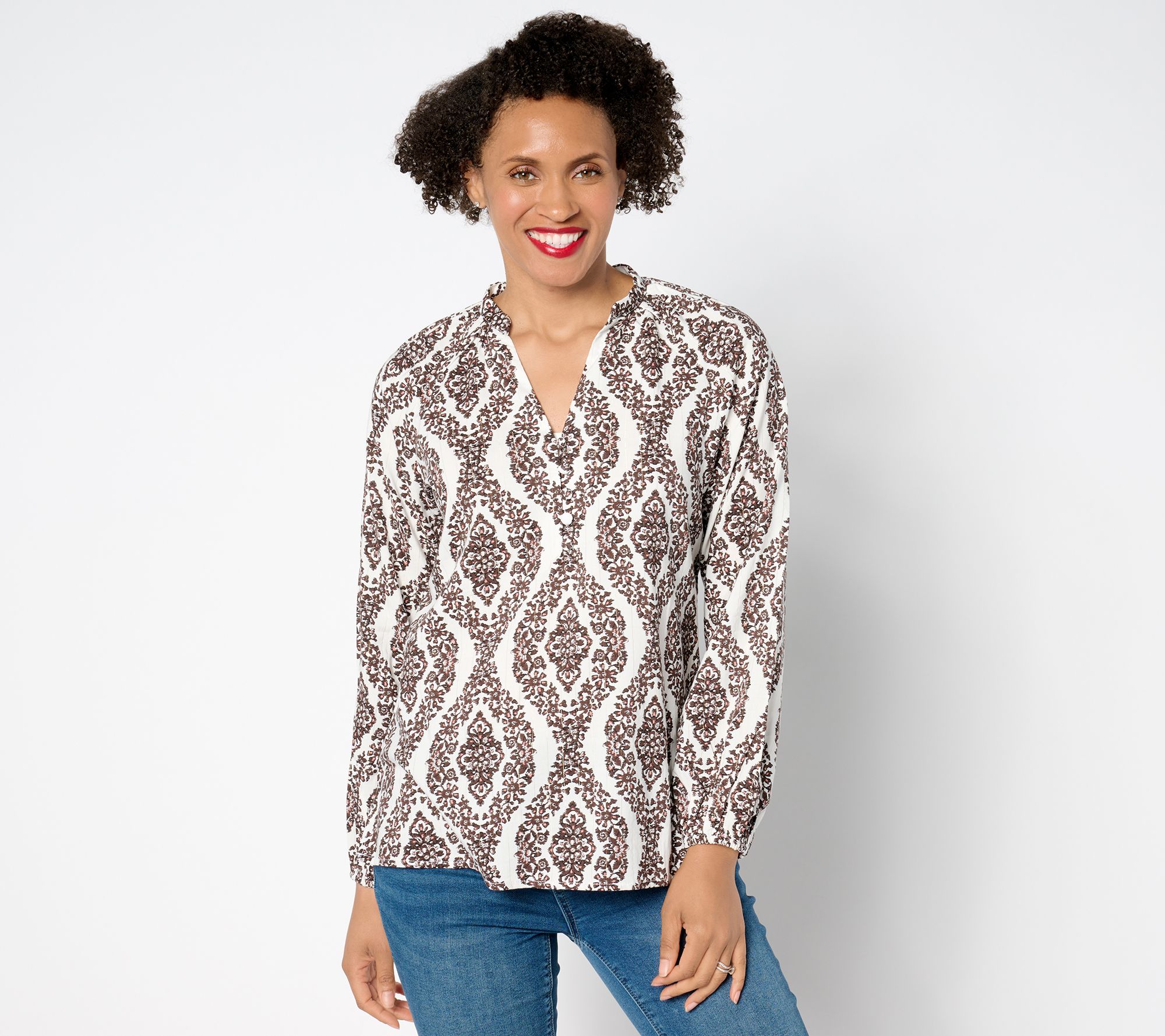 Belle by Kim Gravel Floral Ikat Blouson Sleeve Blouse