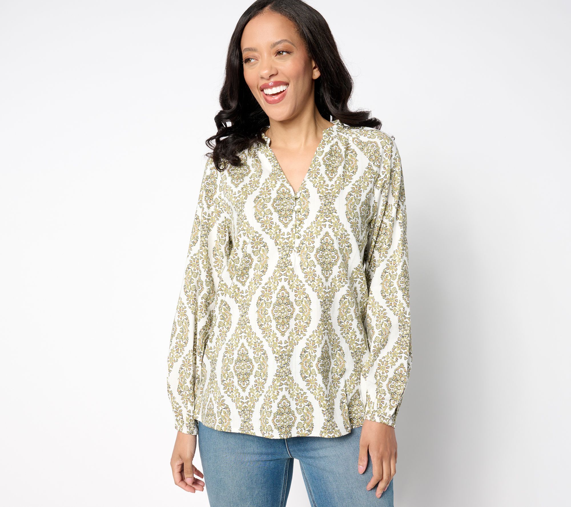 Belle by Kim Gravel Floral Ikat Blouson Sleeve Blouse