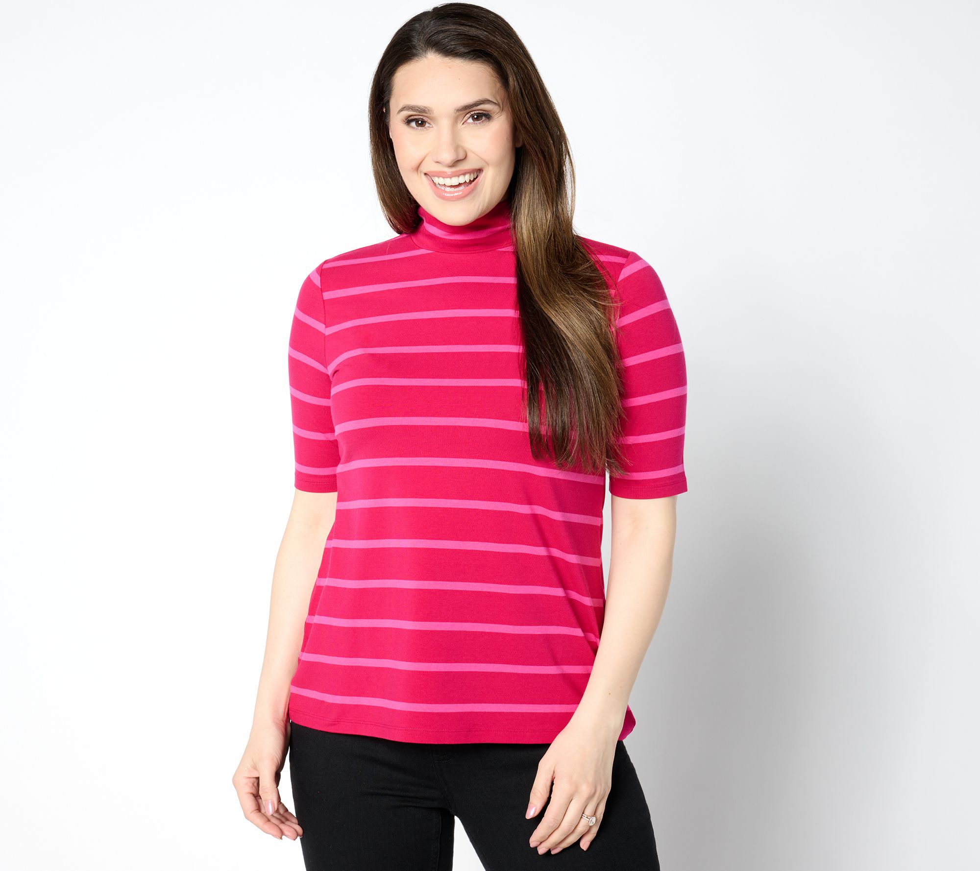 Isaac Mizrahi Live! Elbow Sleeve Yarn Dye Stripe Mock Neck Top