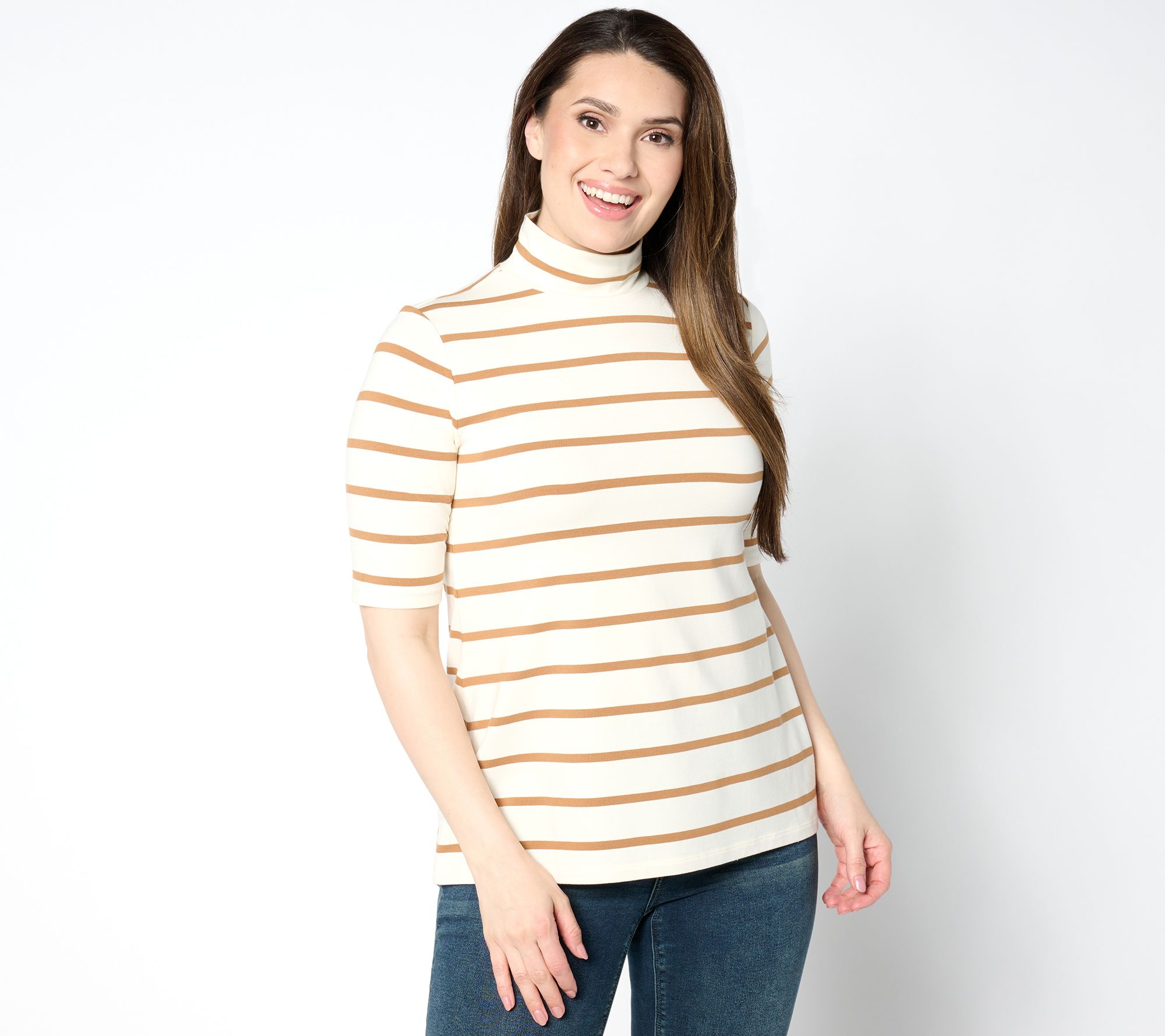 Isaac Mizrahi Live! Elbow Sleeve Yarn Dye Stripe Mock Neck Top