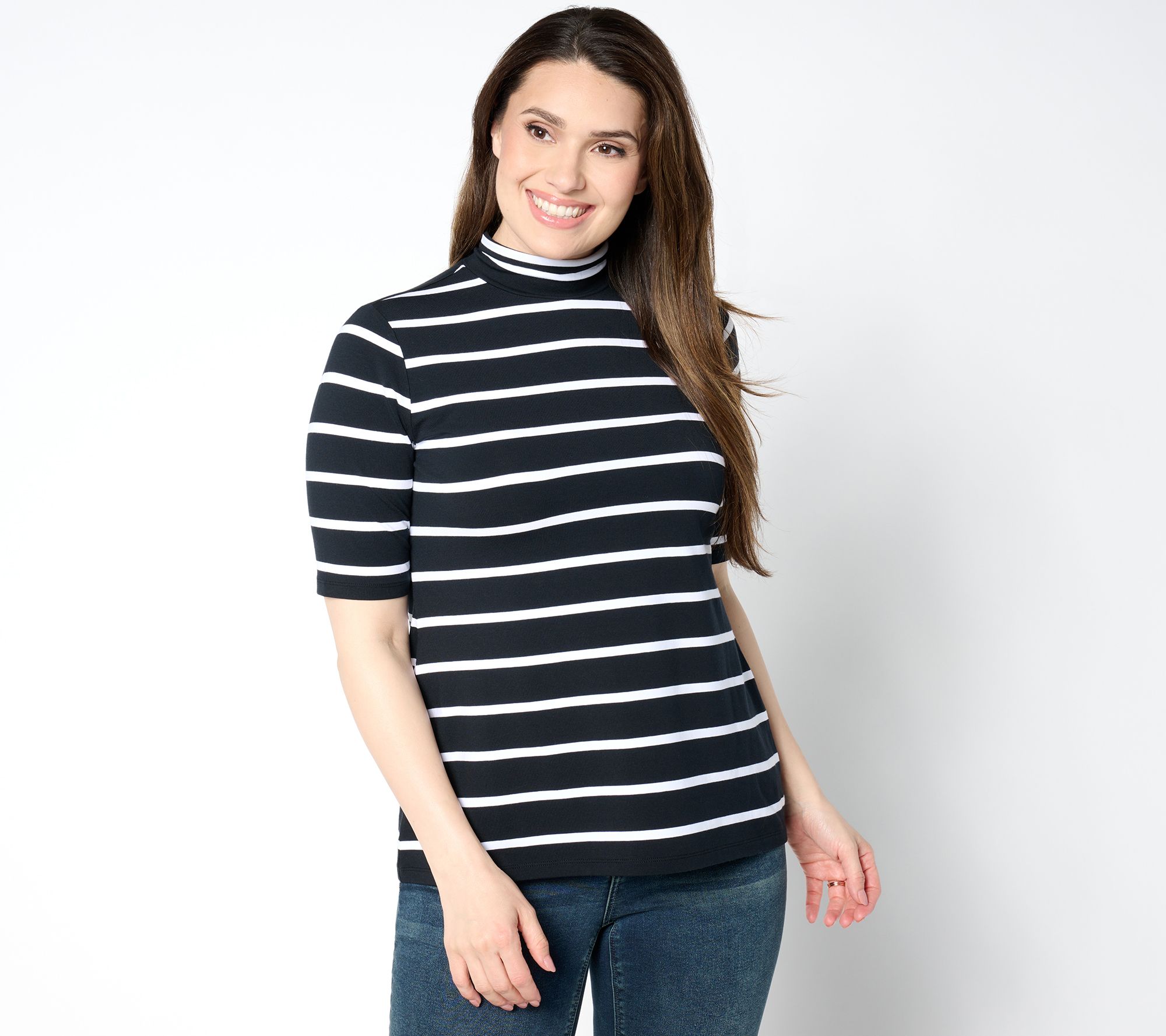 Isaac Mizrahi Live! Elbow Sleeve Yarn Dye Stripe Mock Neck Top