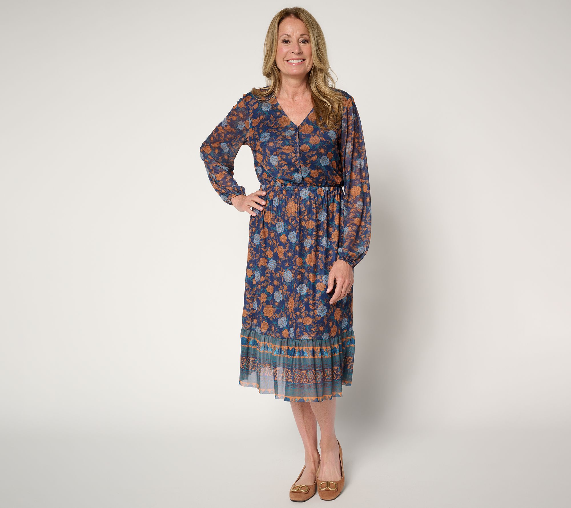 Denim & Co. Canyon Retreat Printed Long Sleeve Midi Dress