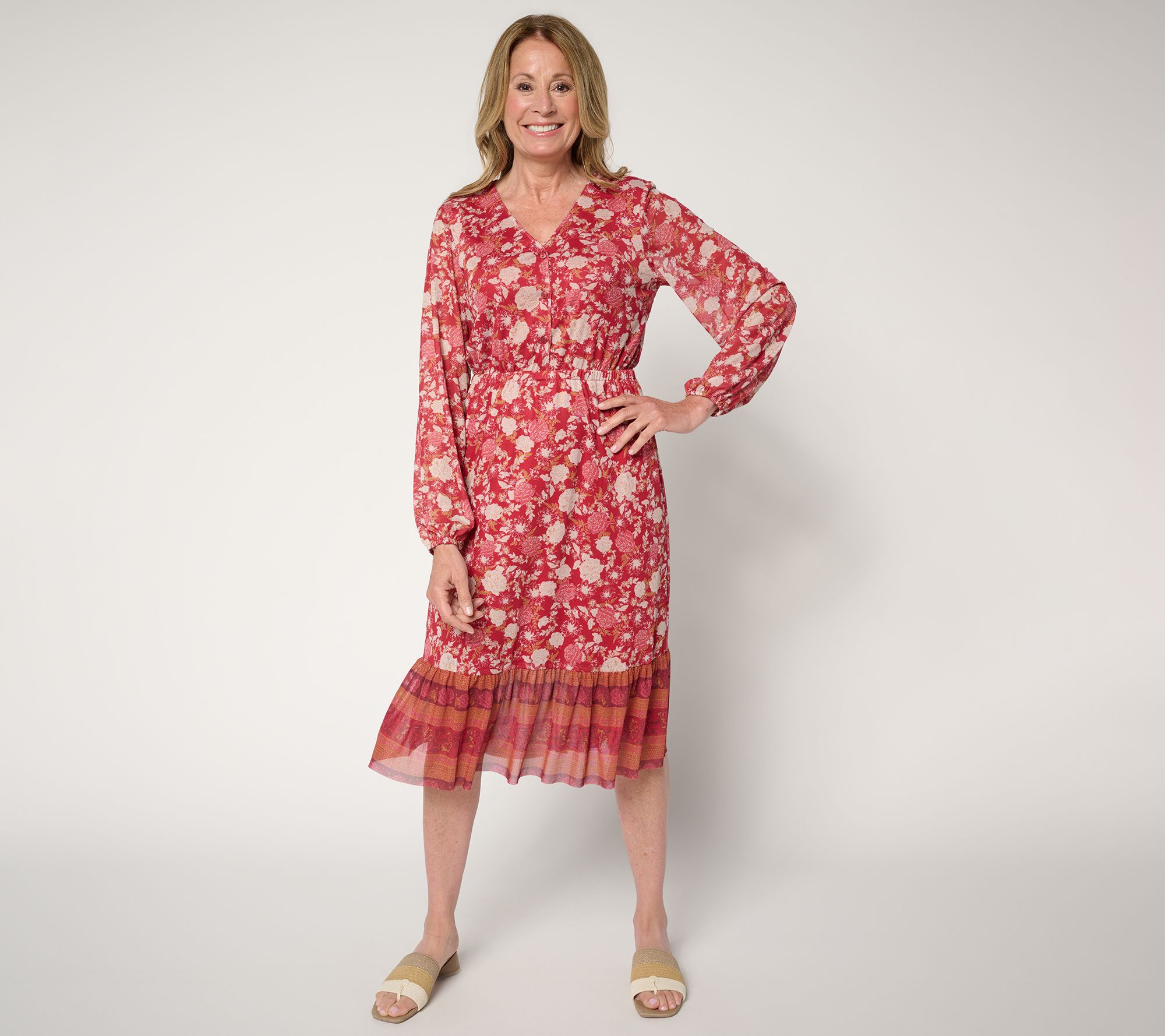 Denim & Co. Canyon Retreat Printed Long Sleeve Midi Dress