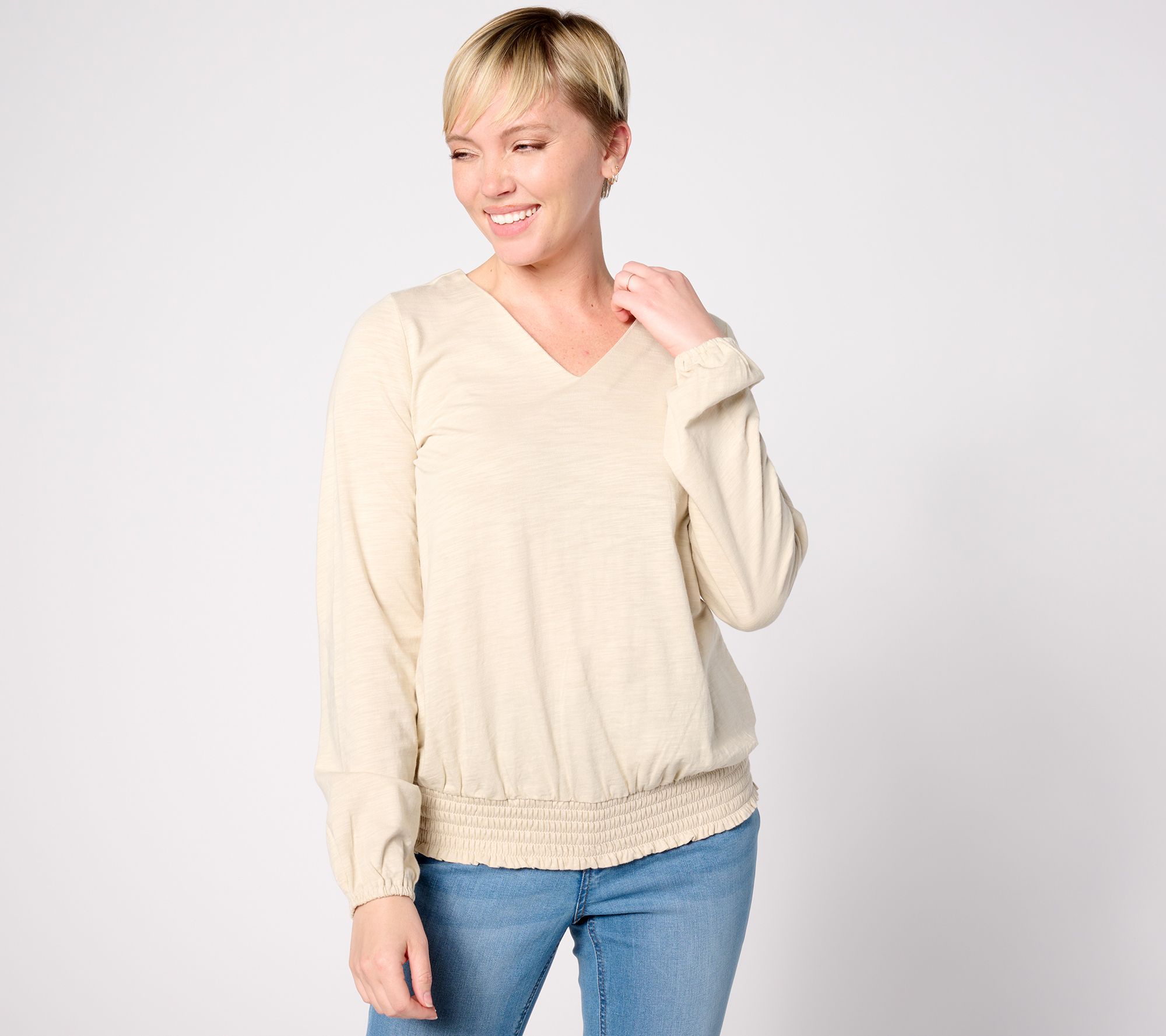 "As Is" Belle by Kim Gravel Slub Knit Smocked Waist V Neck Top