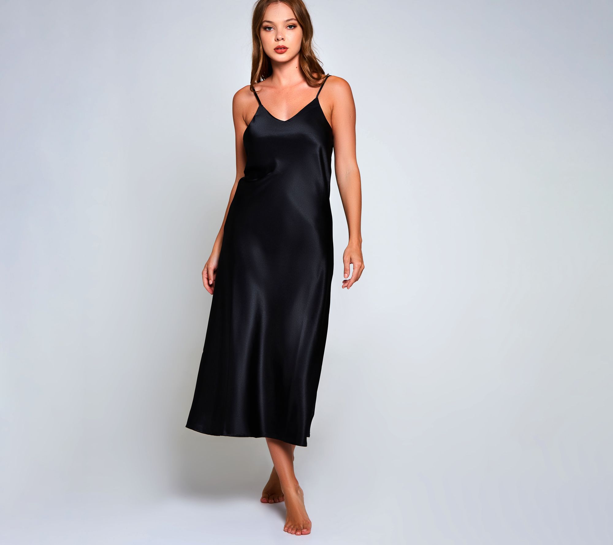 iCollection Satin Glossy Midi Sleep Dress in On yx Black