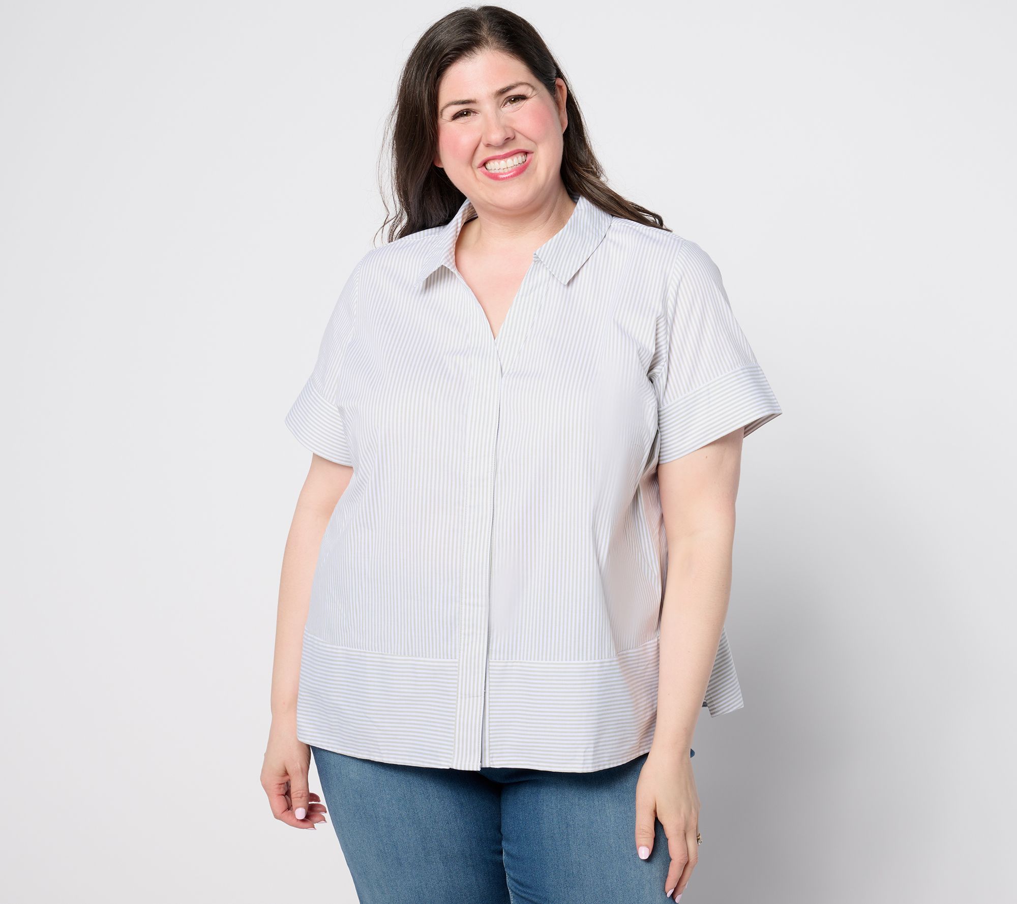 "As Is" Denim & Co. Poplin Yarn Dye Short Sleeve Striped Shirt