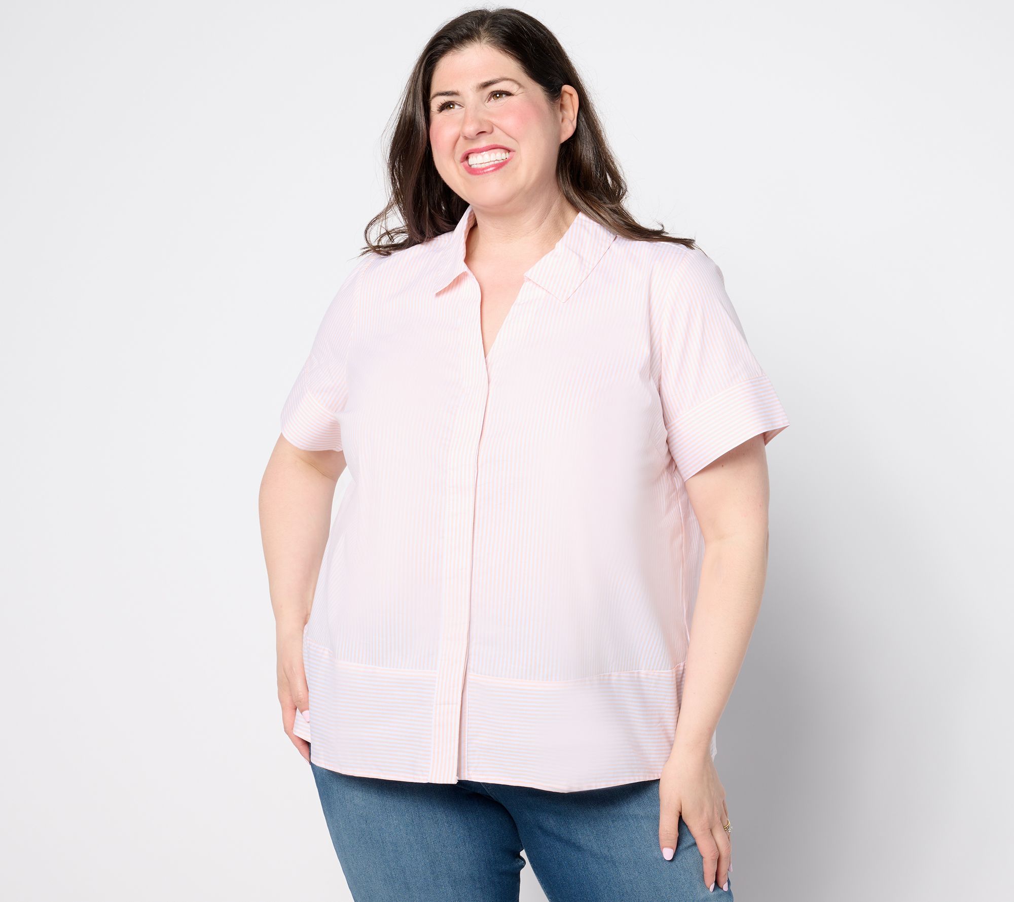 "As Is" Denim & Co. Poplin Yarn Dye Short Sleeve Striped Shirt