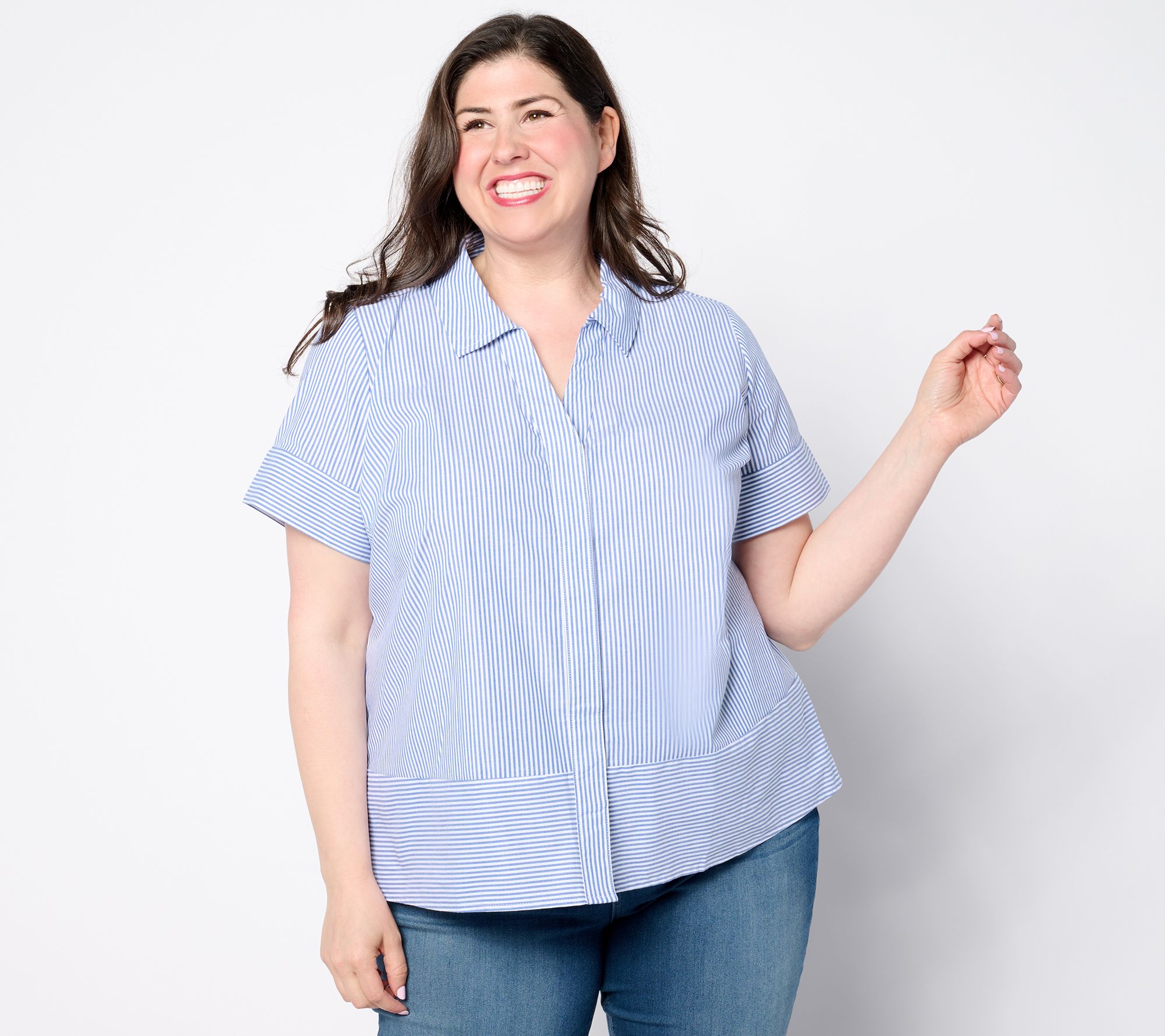 "As Is" Denim & Co. Poplin Yarn Dye Short Sleeve Striped Shirt