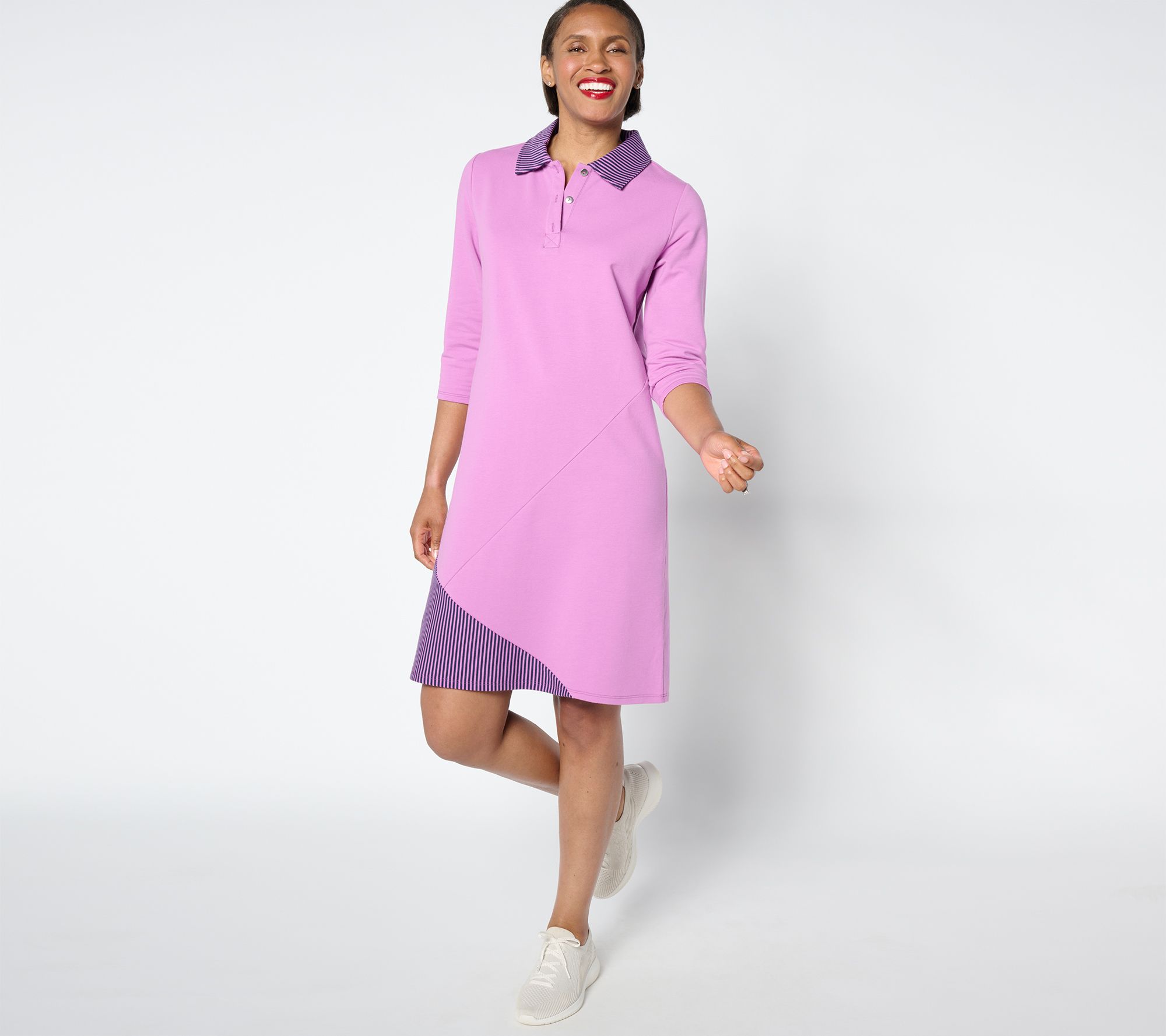"As Is" Sport Savvy Regular 3/4 Sleeve Pieced Stripe Collared Dress