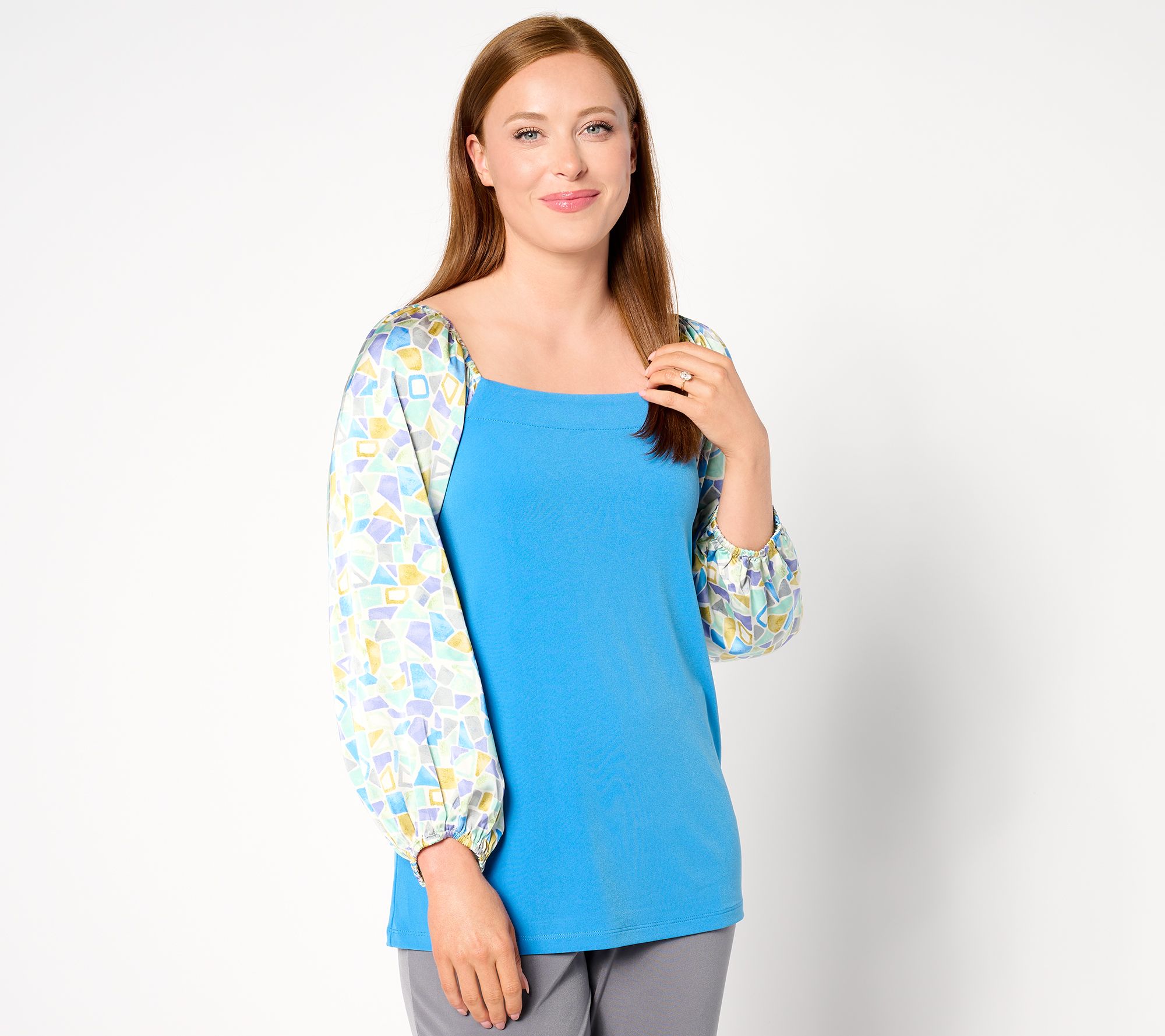 "As Is" Susan Graver Liquid Knit Square Neck A Line Top with Print