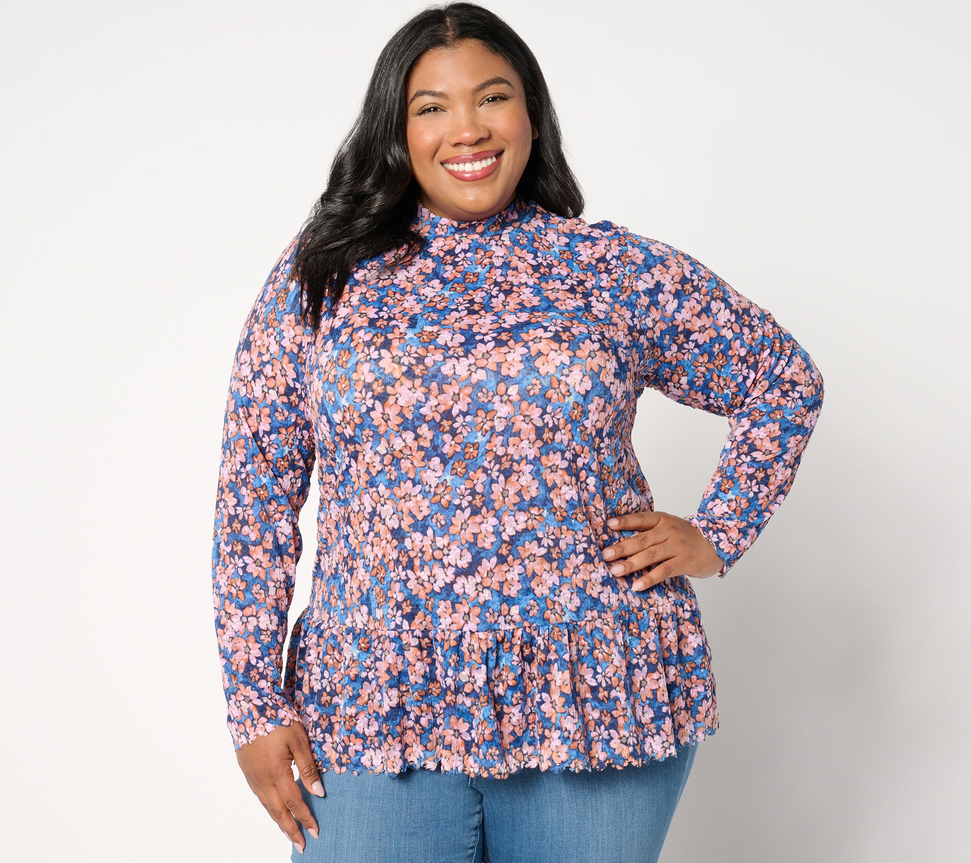 "As Is" LOGO by Lori Goldstein Mock Neck 3/4 Sleeve Top with Shirred Waist