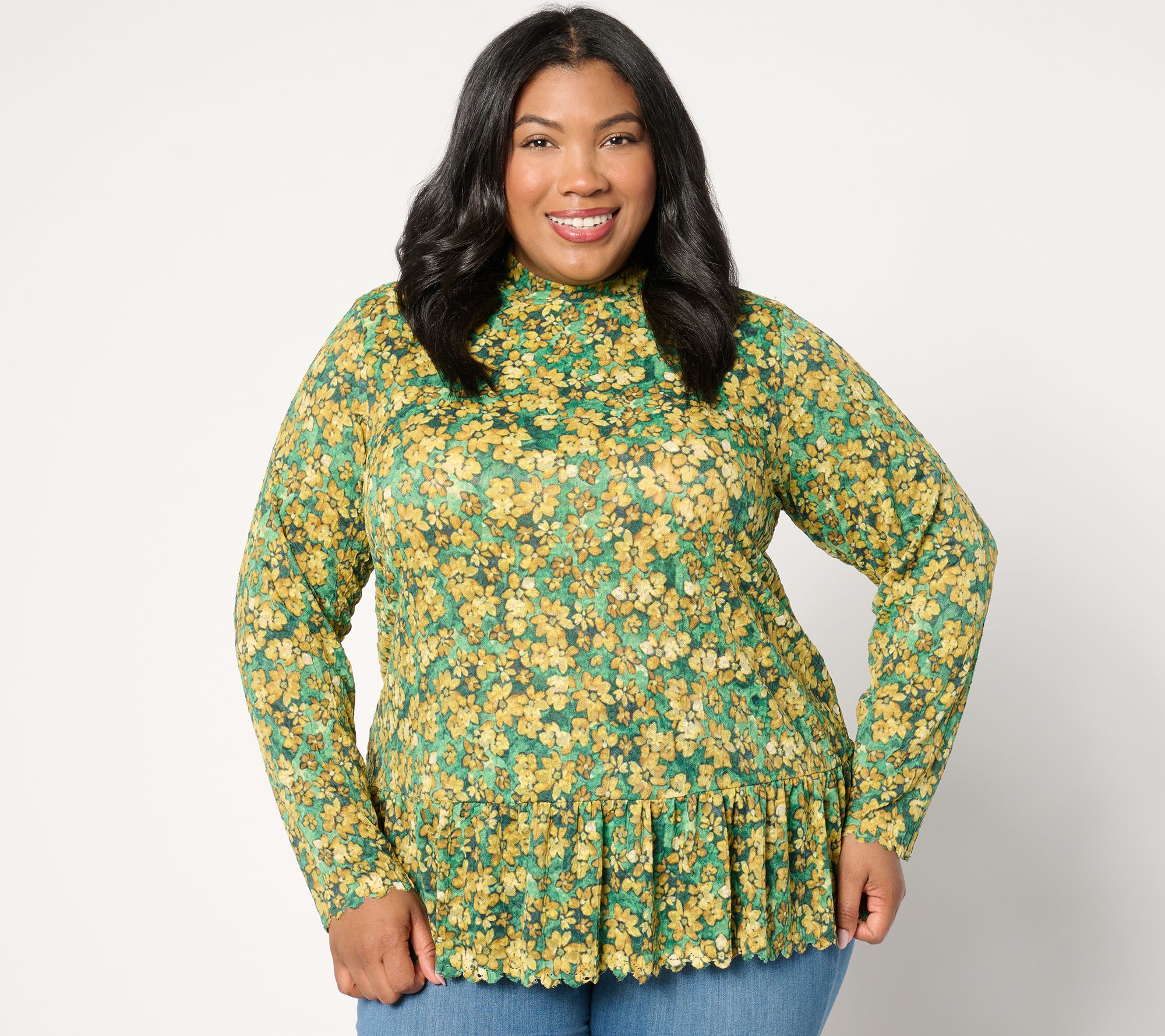 "As Is" LOGO by Lori Goldstein Mock Neck 3/4 Sleeve Top with Shirred Waist