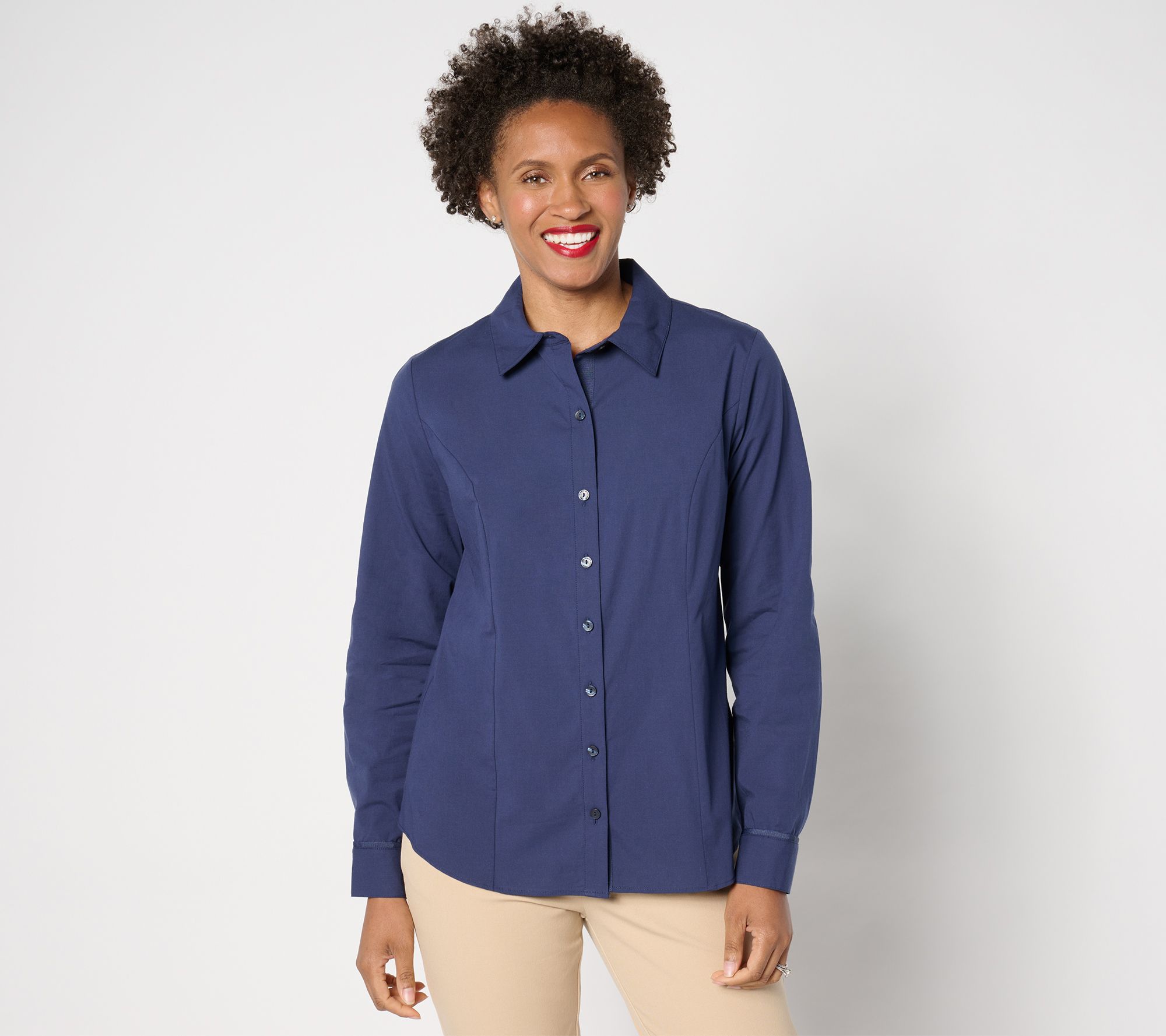 "As Is" Isaac Mizrahi Live! Estate Print or Solid Stretch Poplin Blouse