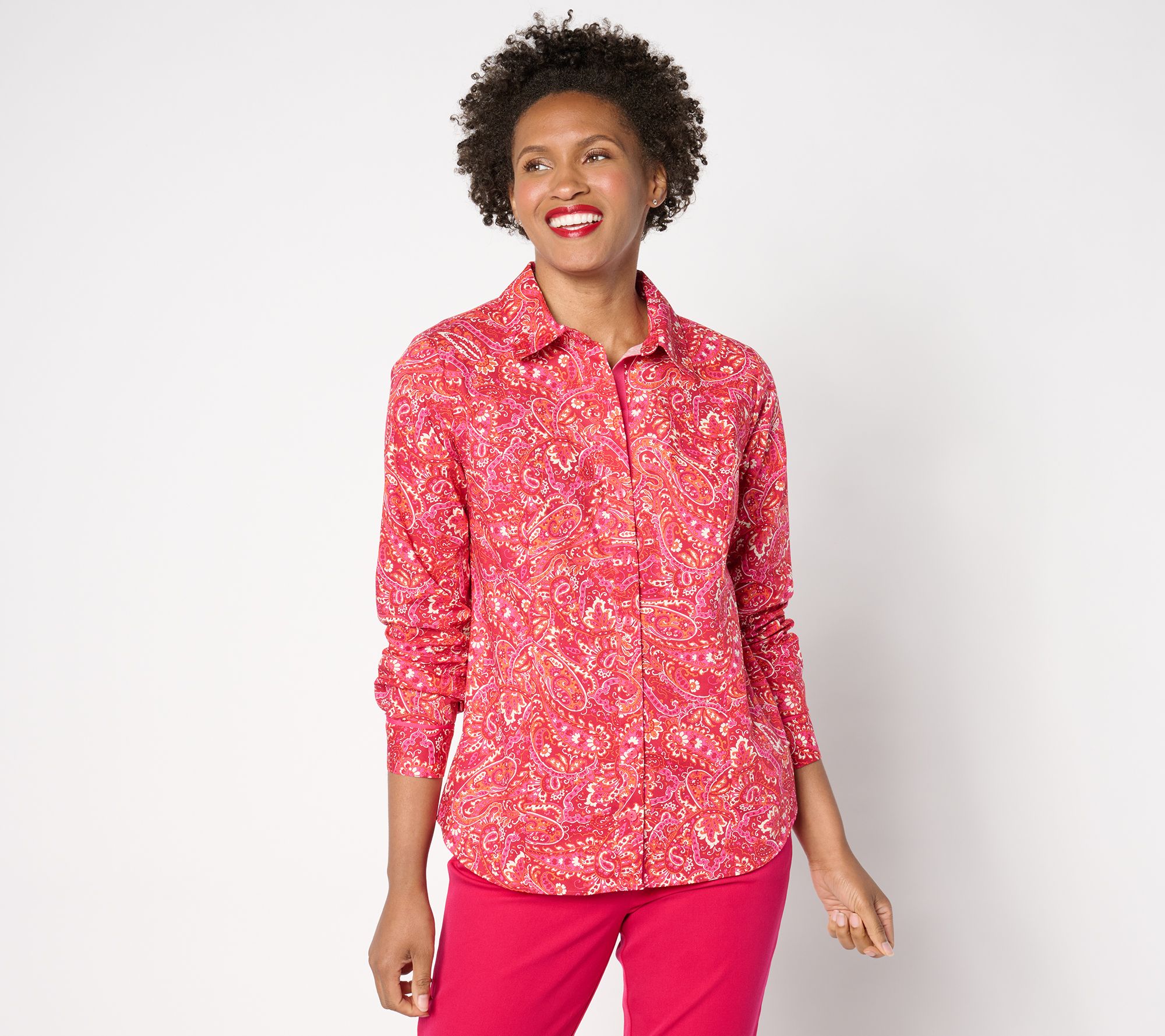 "As Is" Isaac Mizrahi Live! Estate Print or Solid Stretch Poplin Blouse