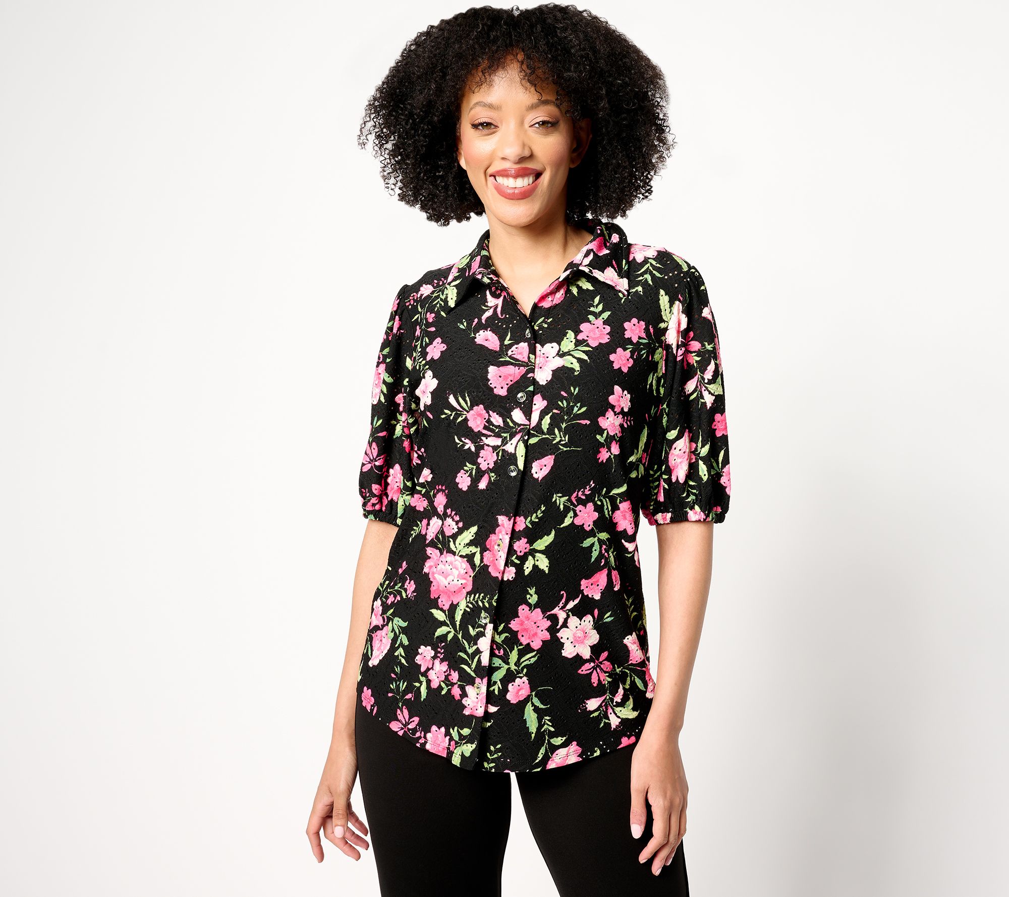 Susan Graver Printed Knit Eyelet Button Front Puff Sleeve Top