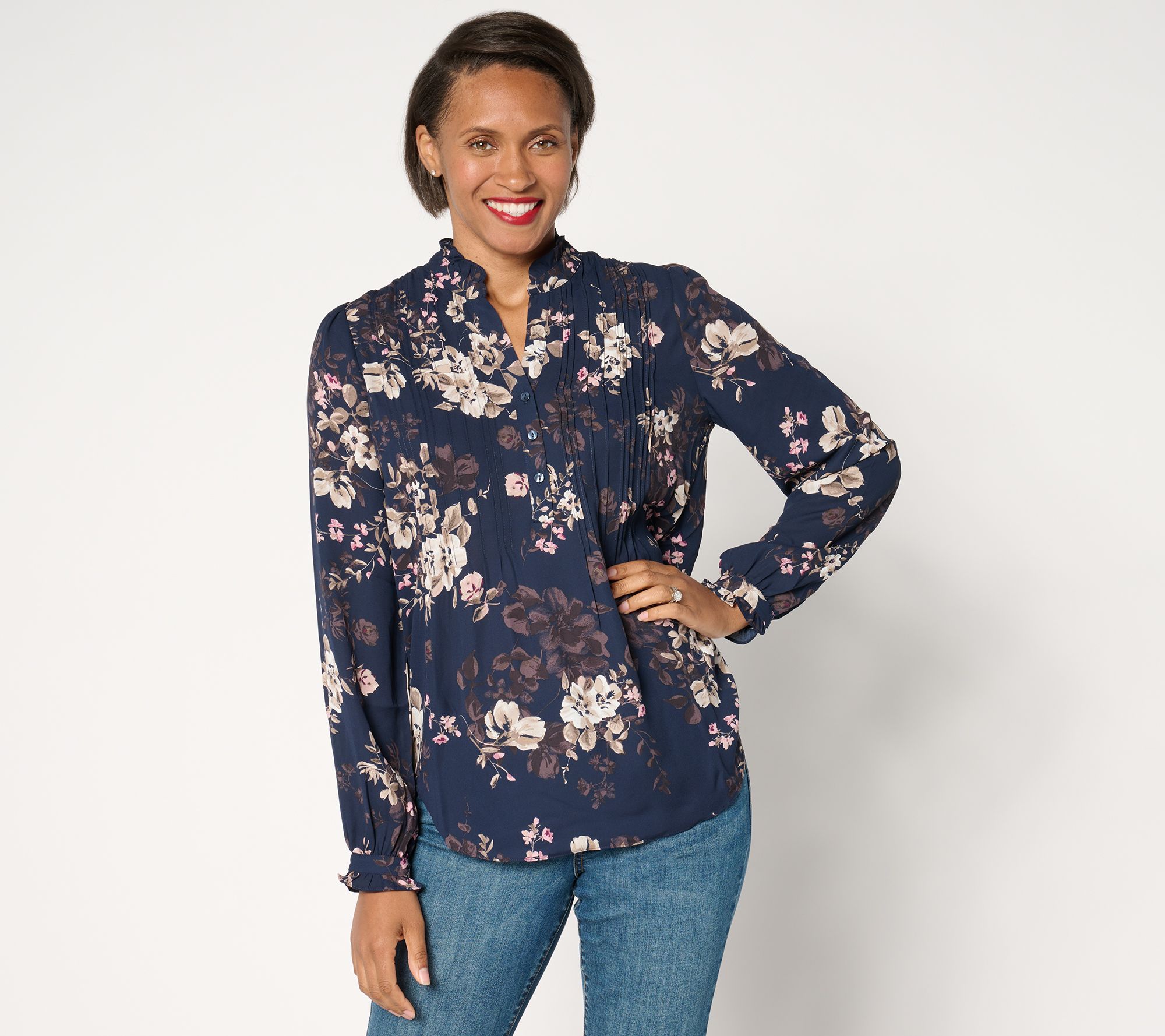 "As Is" NYDJ Pleat Front Long Sleeve Tunic- Bianca Blooms