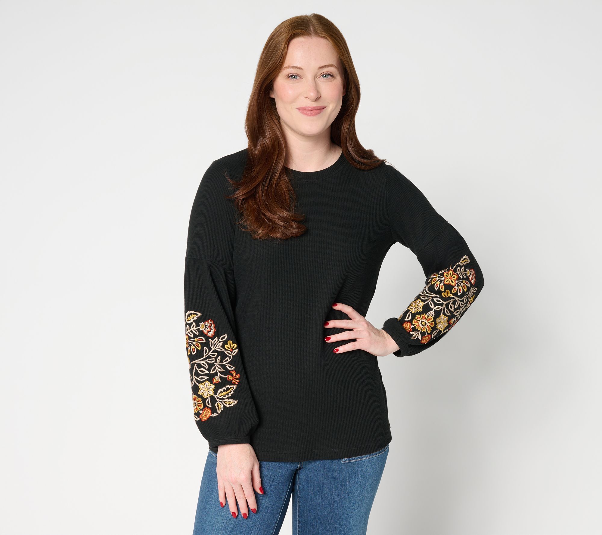 Belle Boho by Kim Gravel Micro Waffle Lantern Sleeve Embroidered Top