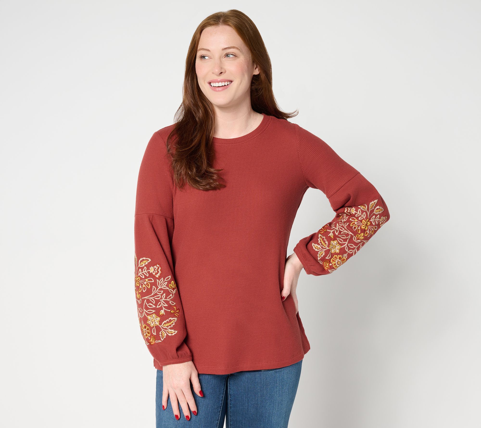 Belle Boho by Kim Gravel Micro Waffle Lantern Sleeve Embroidered Top