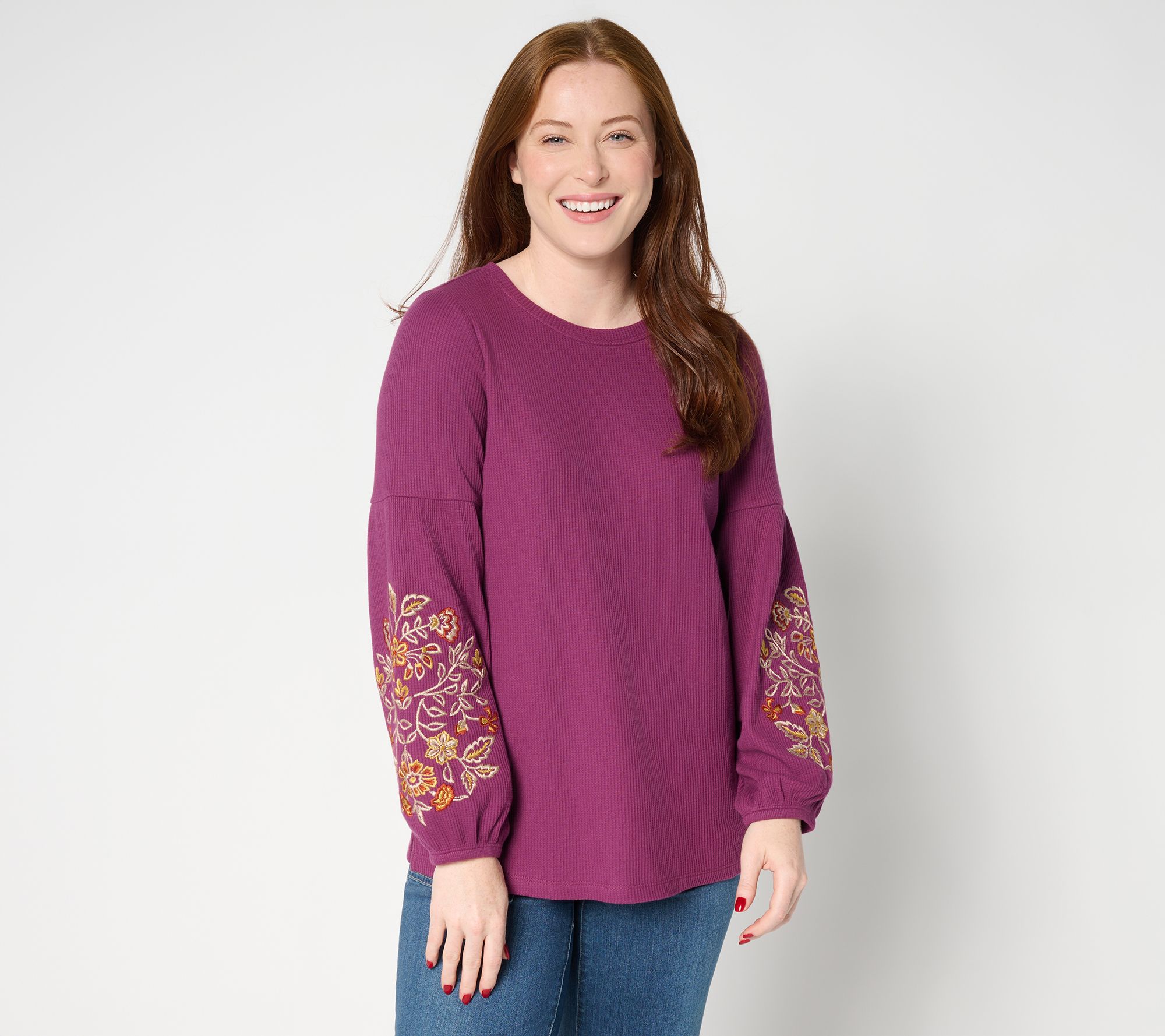 Belle Boho by Kim Gravel Micro Waffle Lantern Sleeve Embroidered Top