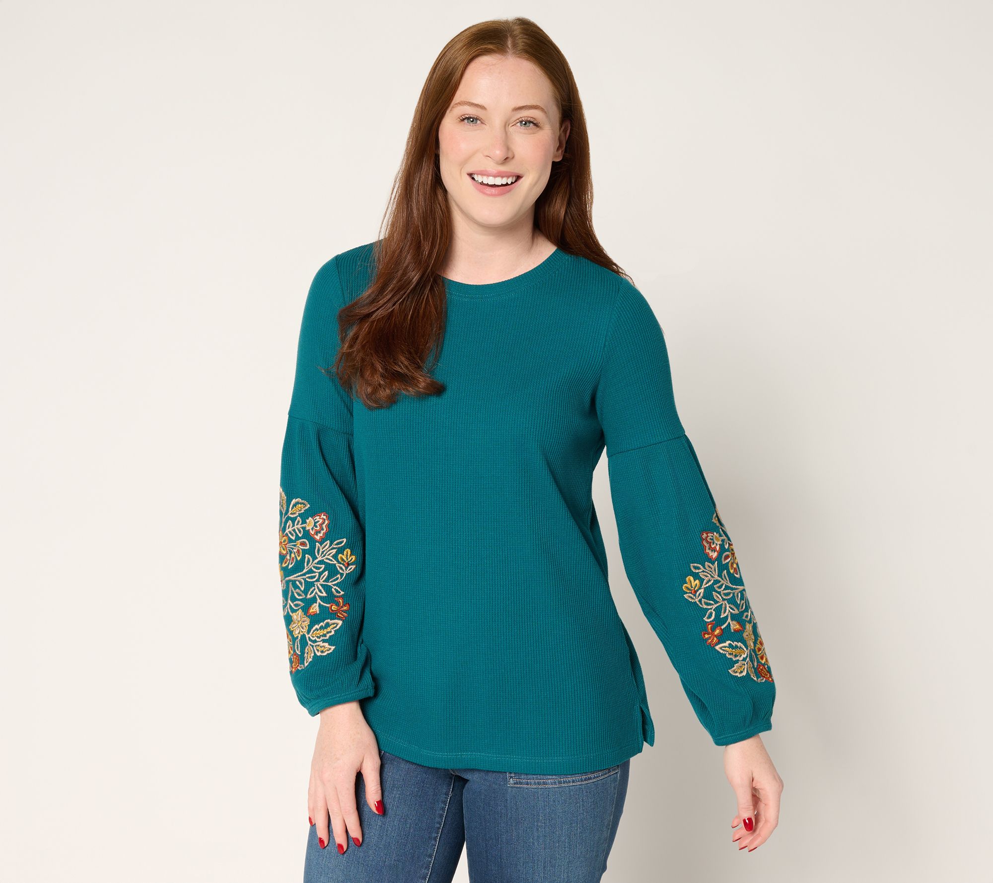 Belle Boho by Kim Gravel Micro Waffle Lantern Sleeve Embroidered Top