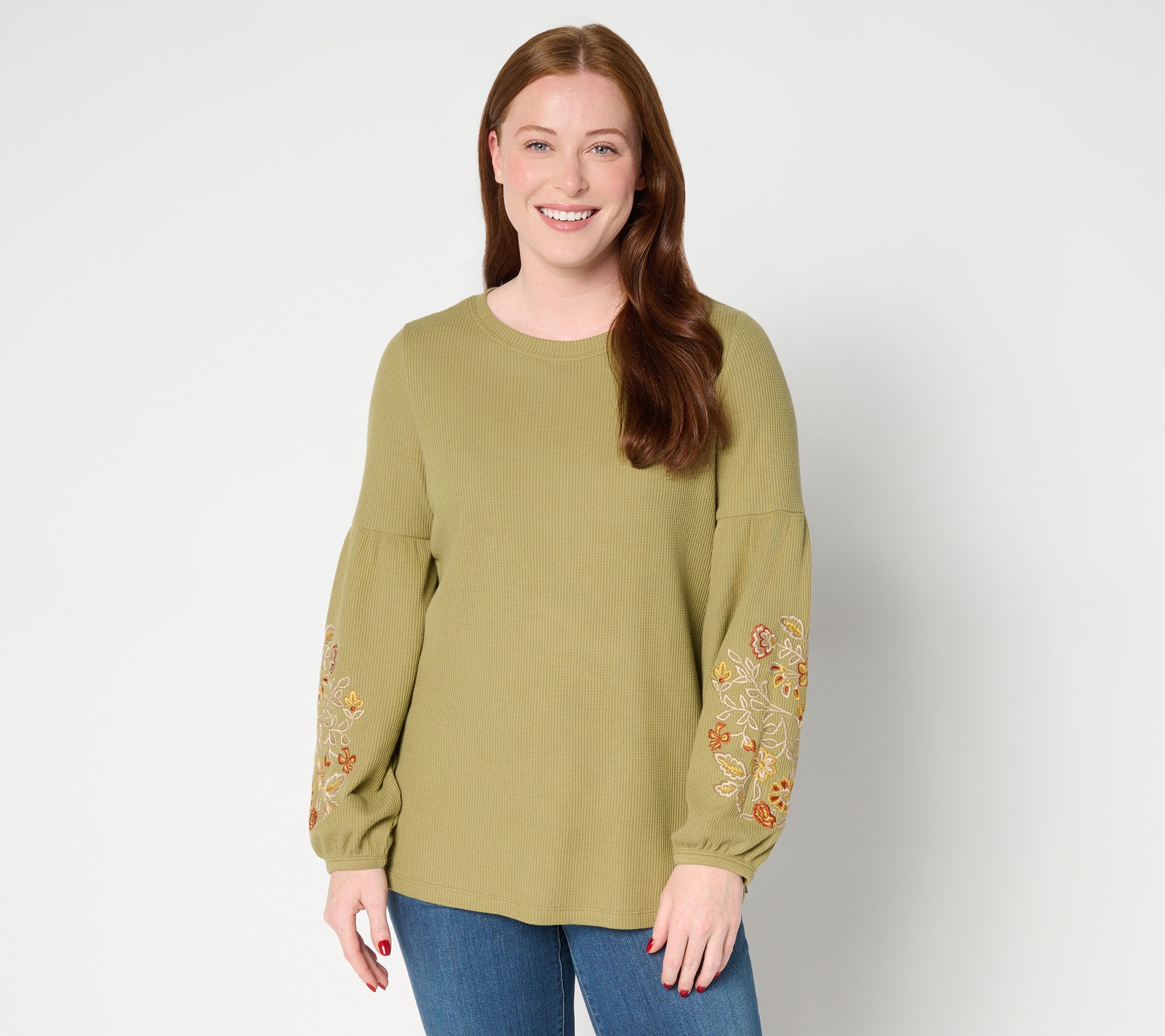Belle Boho by Kim Gravel Micro Waffle Lantern Sleeve Embroidered Top